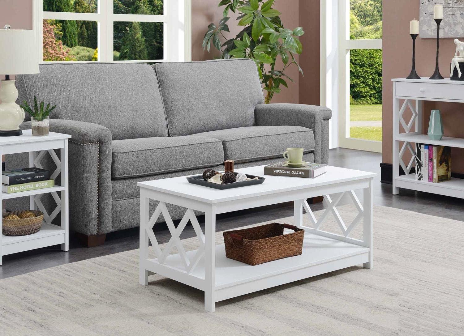 Convenience Concepts Diamond Coffee Table with Shelf, White