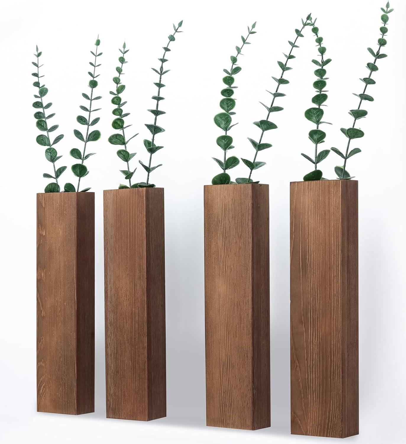 Brown Pine Rectangular Wall Planters for Dried Flowers, 4 Pack