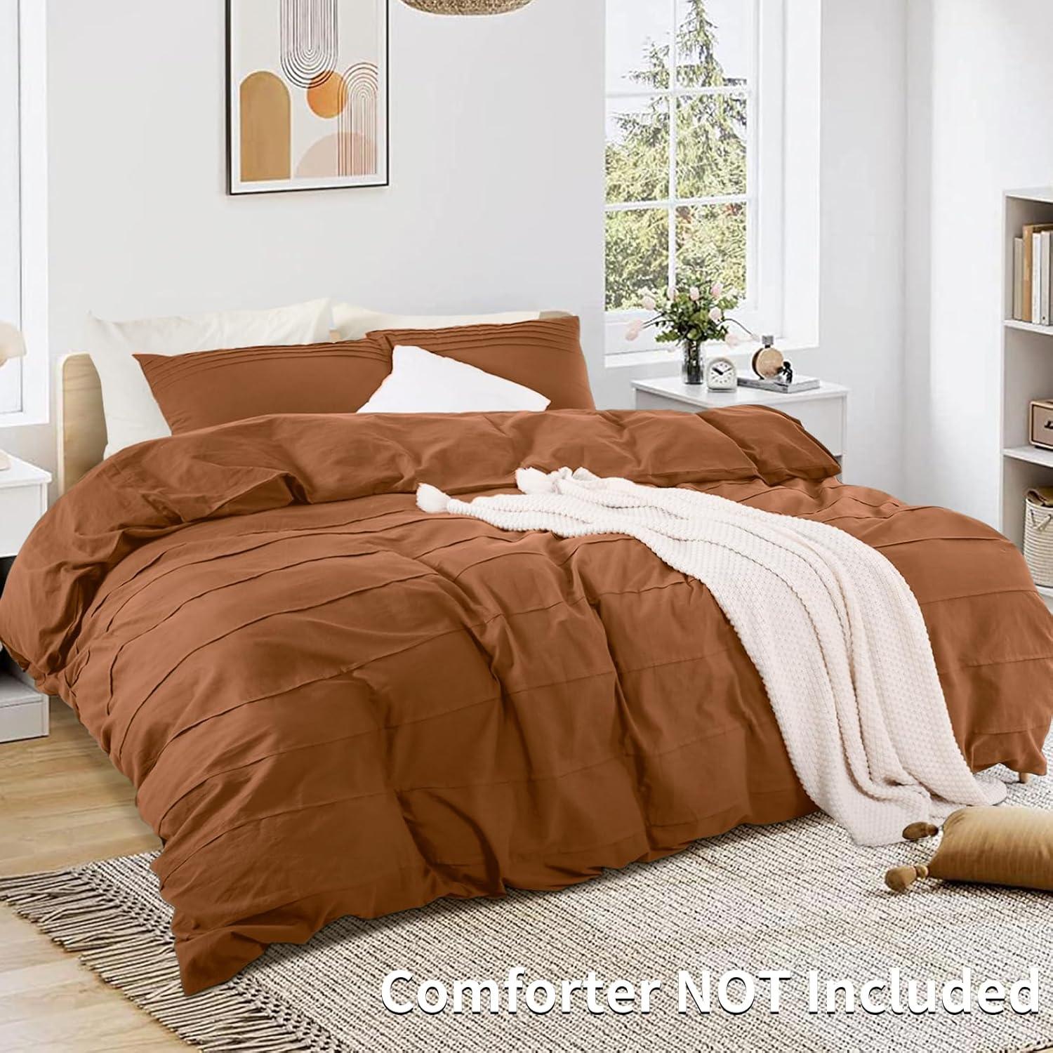 NEXHOME PRO Duvet Cover Set 100% Washed Cotton Oversized Queen 98"x98", Organic Natural Linen Look Textured 3 Pieces Bedding Set Apricot Yellow with Zipper Closure, Breathable, Soft (No Comforter)