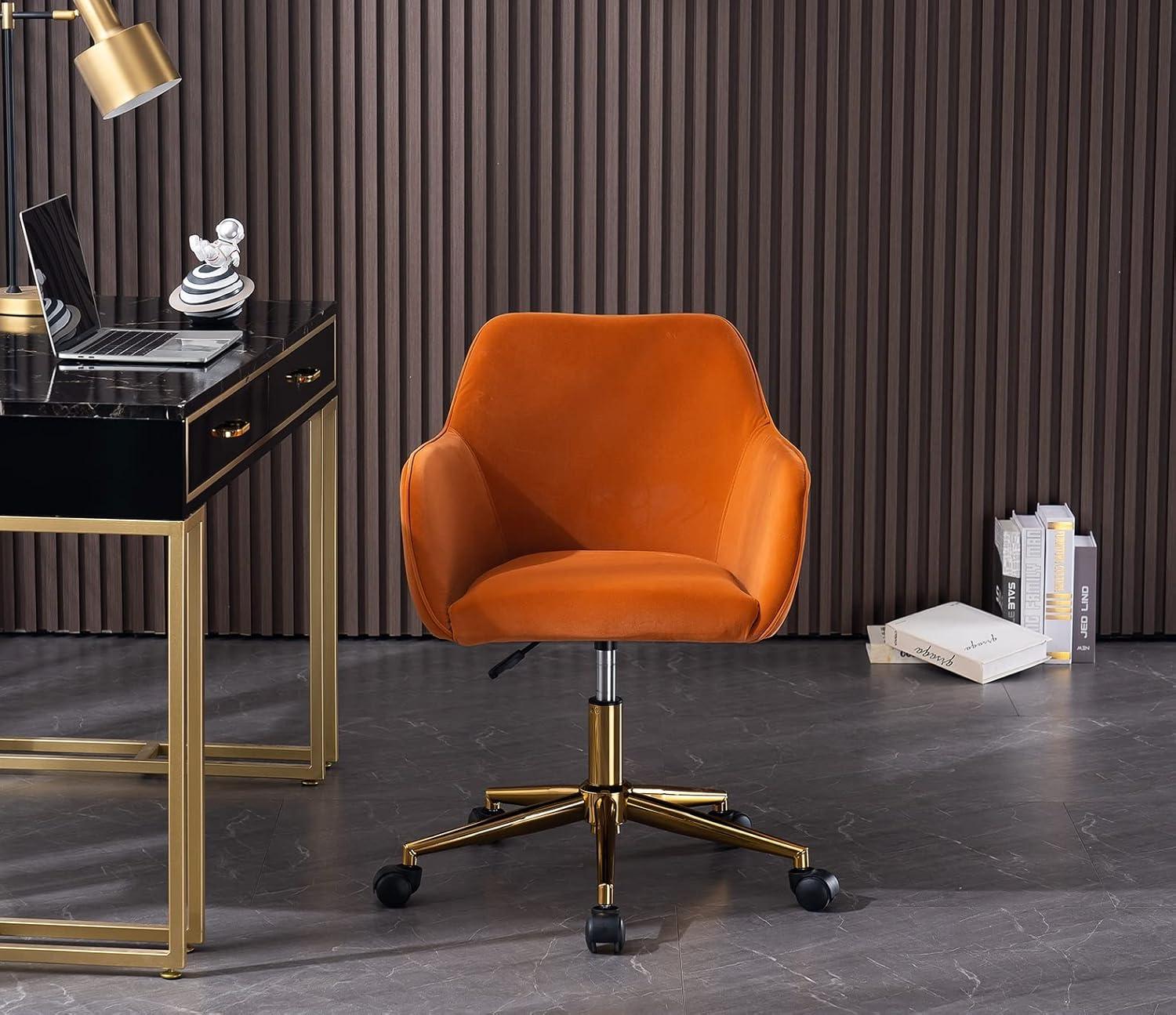 Modern 360°Swivel Velvet Office Chair, Mid-Back Desk Chairs with Wheels, Adjustable Home Office Chair with Side Arms, Gold Metal Base, Cute Desk Chair for Bedroom, Home Office, Vanity Room, Orange