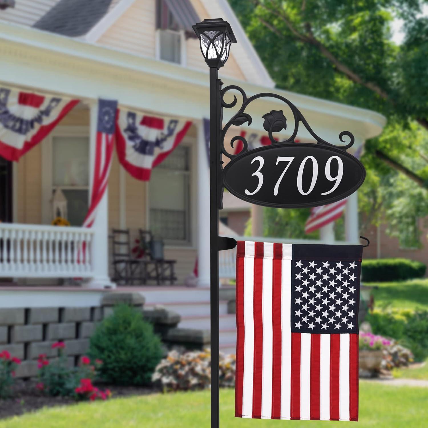 Address America USA Handcrafted, Double-Sided Park Place Oval Address Sign with American Flag and Solar Light - 58" Pole