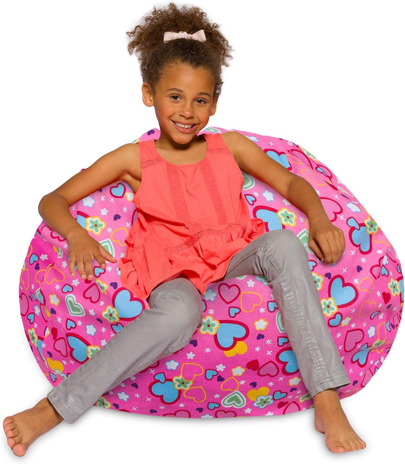 Large Pink Canvas Bean Bag Chair with Multicolor Hearts