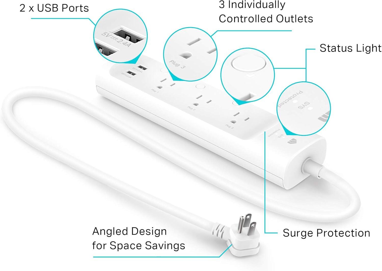 White Smart Power Strip with USB Ports and Surge Protection