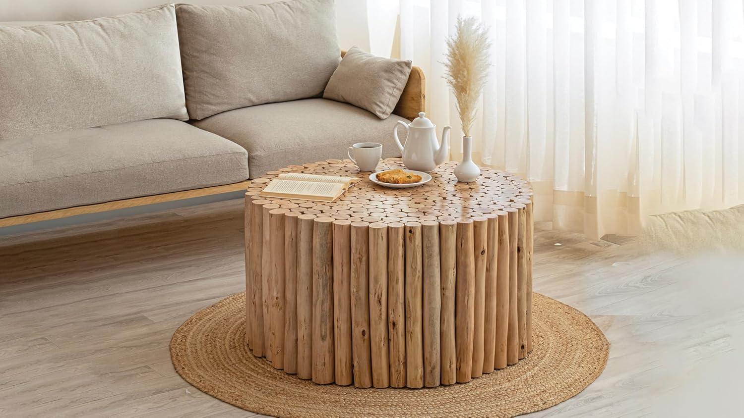 Natural Wood Round Drum Coffee Table with Handcrafted Relief