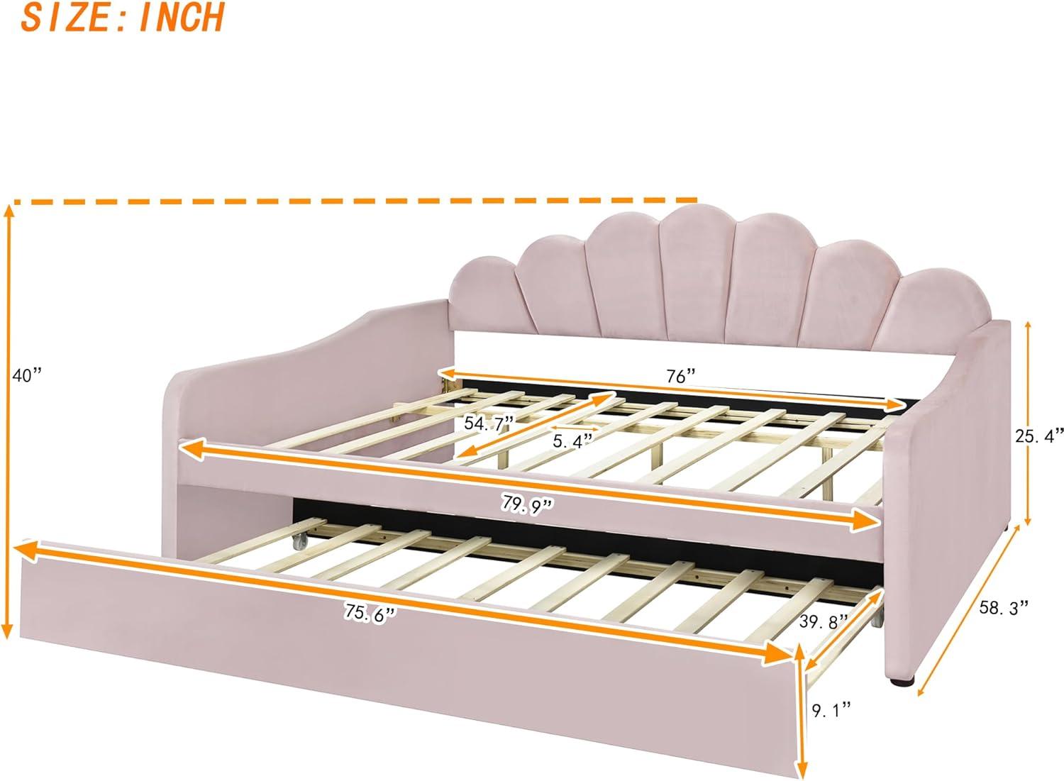 Elitezip Full Size Upholstered Daybed with Trundle, Velvet Upholstered Daybed with Shell Shaped Backrest, Full Daybeds for Adults, Modern Daybed Frame for Bedroom, Living Room, Guest Room, Pink