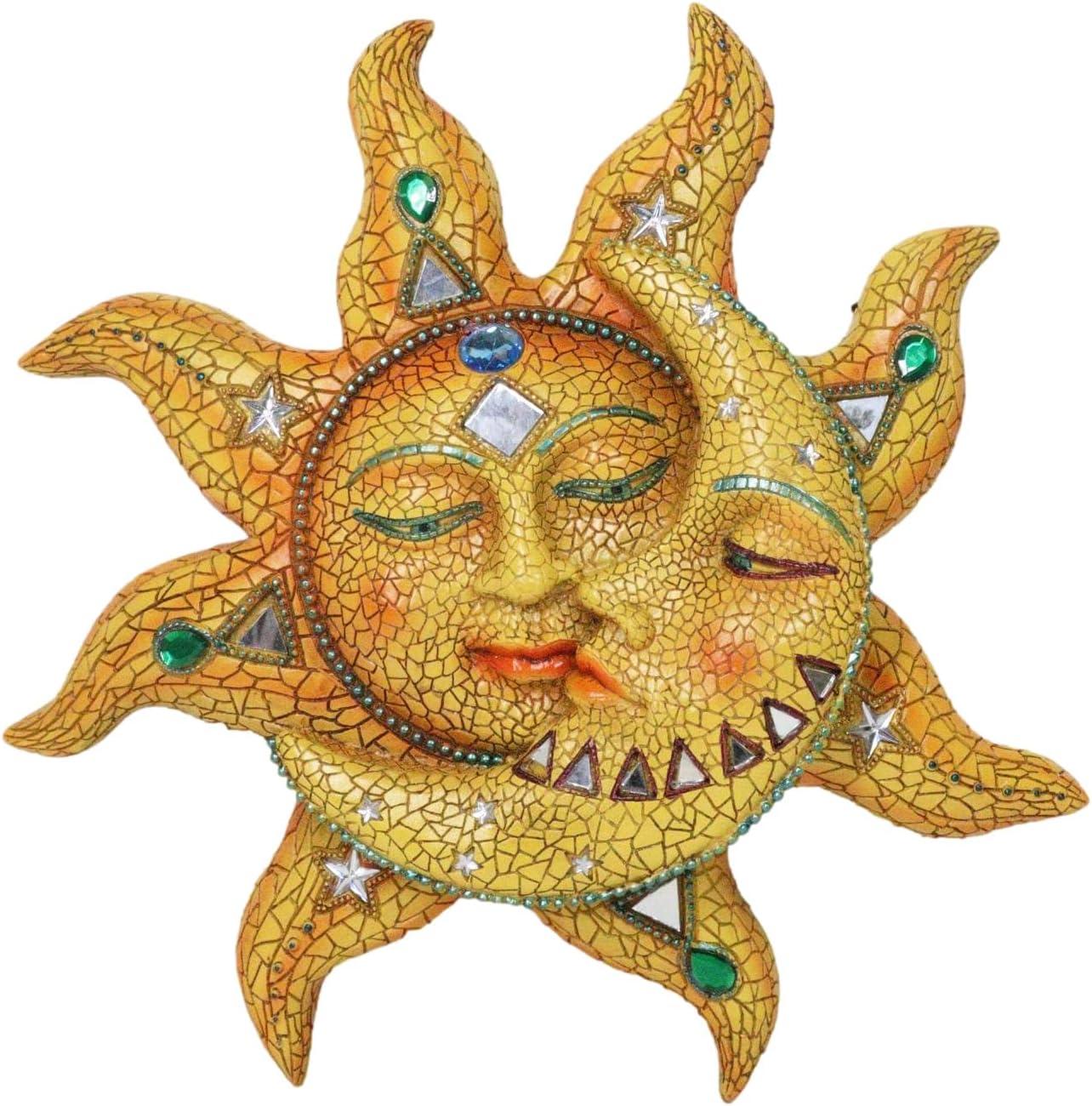 Ebros Cara de Mosaico Naranja Sol con Luna de Mosaico Amarillo, Decoración de Placa de Pared de 13"H