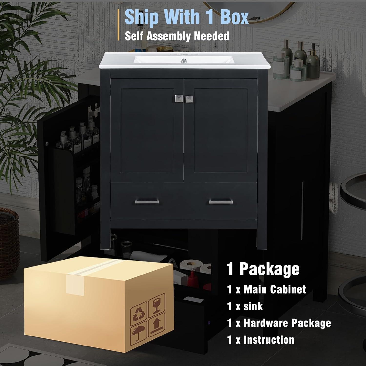 30" Bathroom Vanity with Sink, Modern Under Sink Cabinet with 2 Doors and 1 Drawer, Floor Storage Cabinet for Bathroom with Removable Divider and Double Shelf, Black