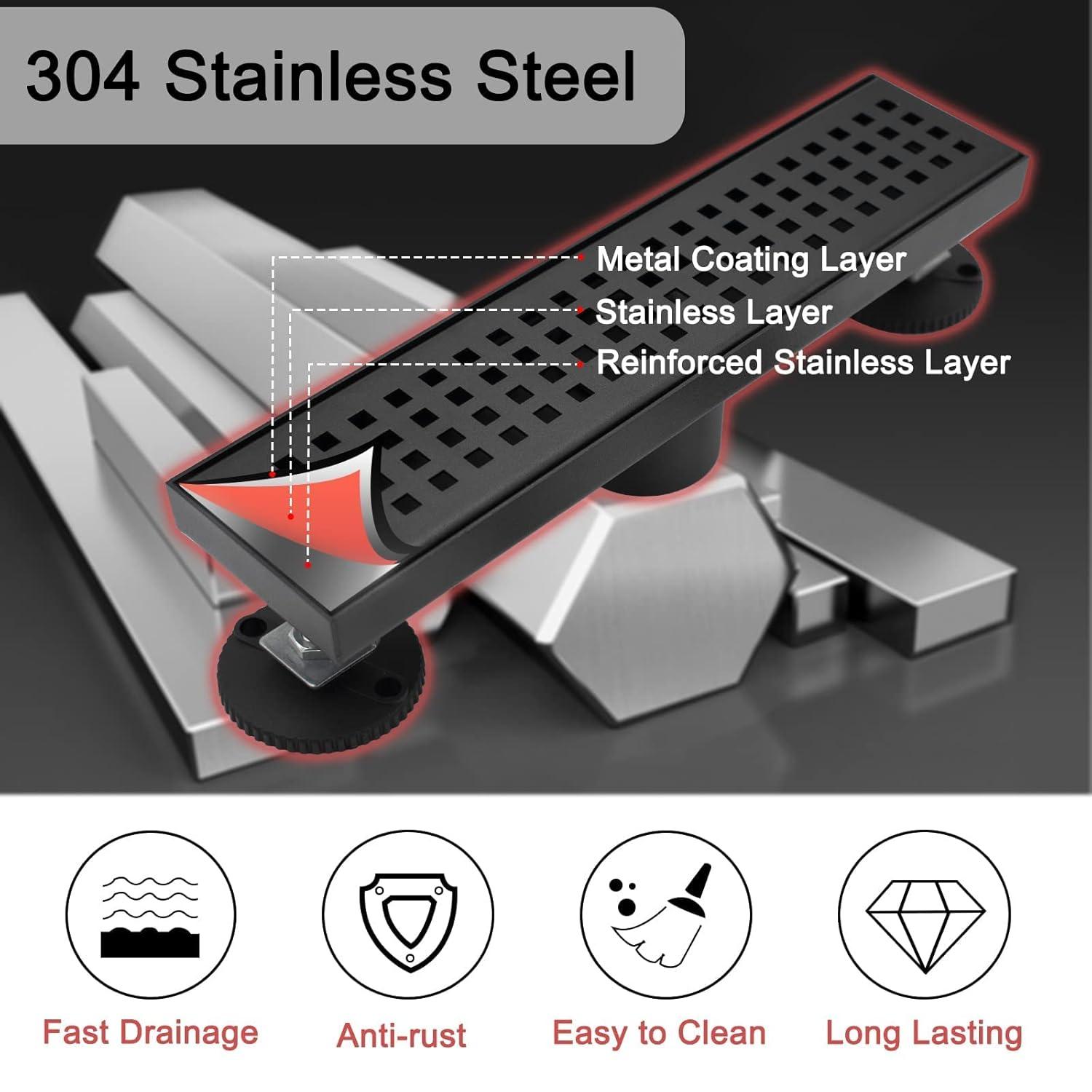 Black Shower Drain, Linear Shower Drain 12 Inch with Square Hole Panel, Matte Black Linear Drain with Hair Strainer and Leveling Feet