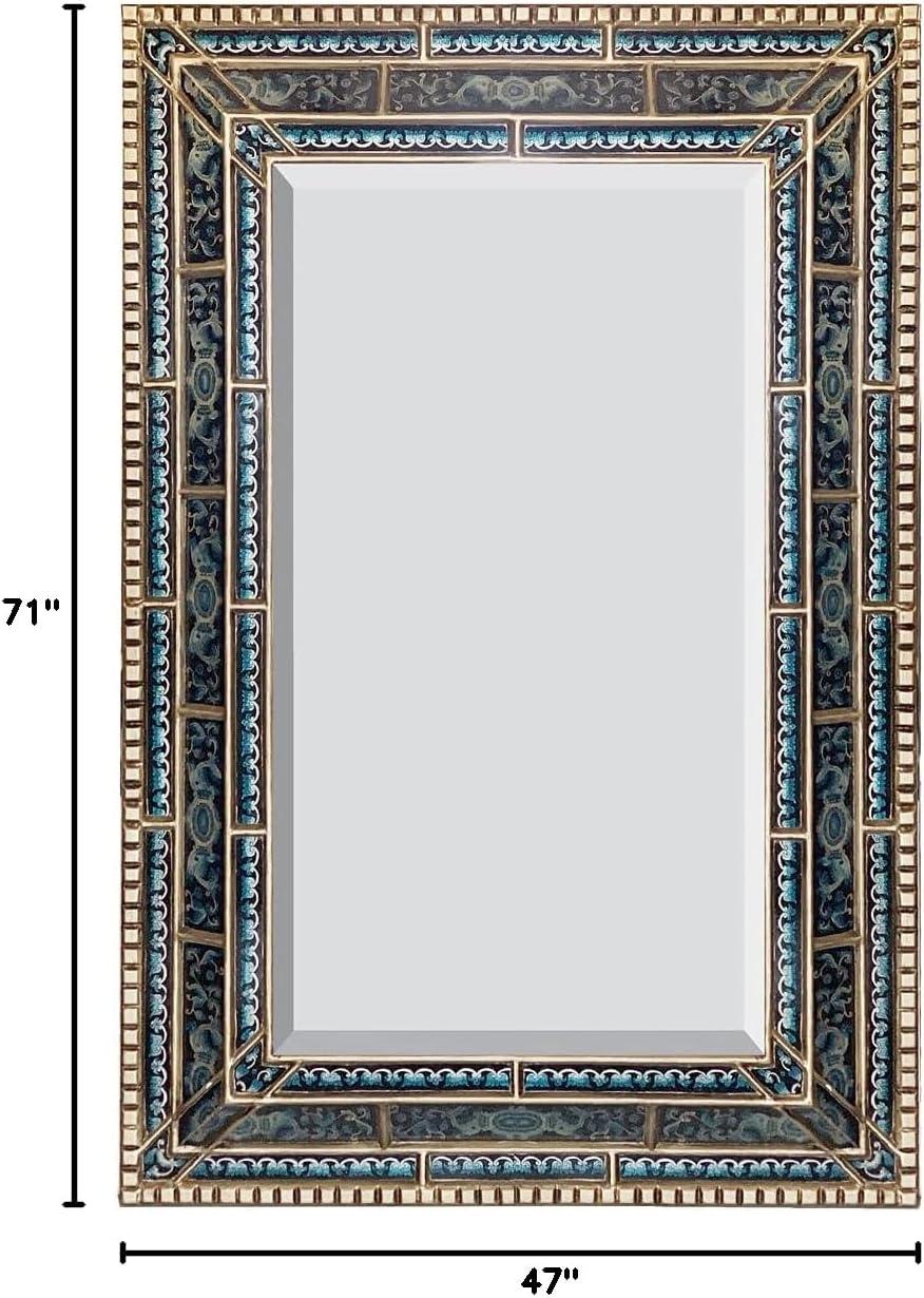 Peruvian Blue and Silver Reverse Painted Glass Mirror