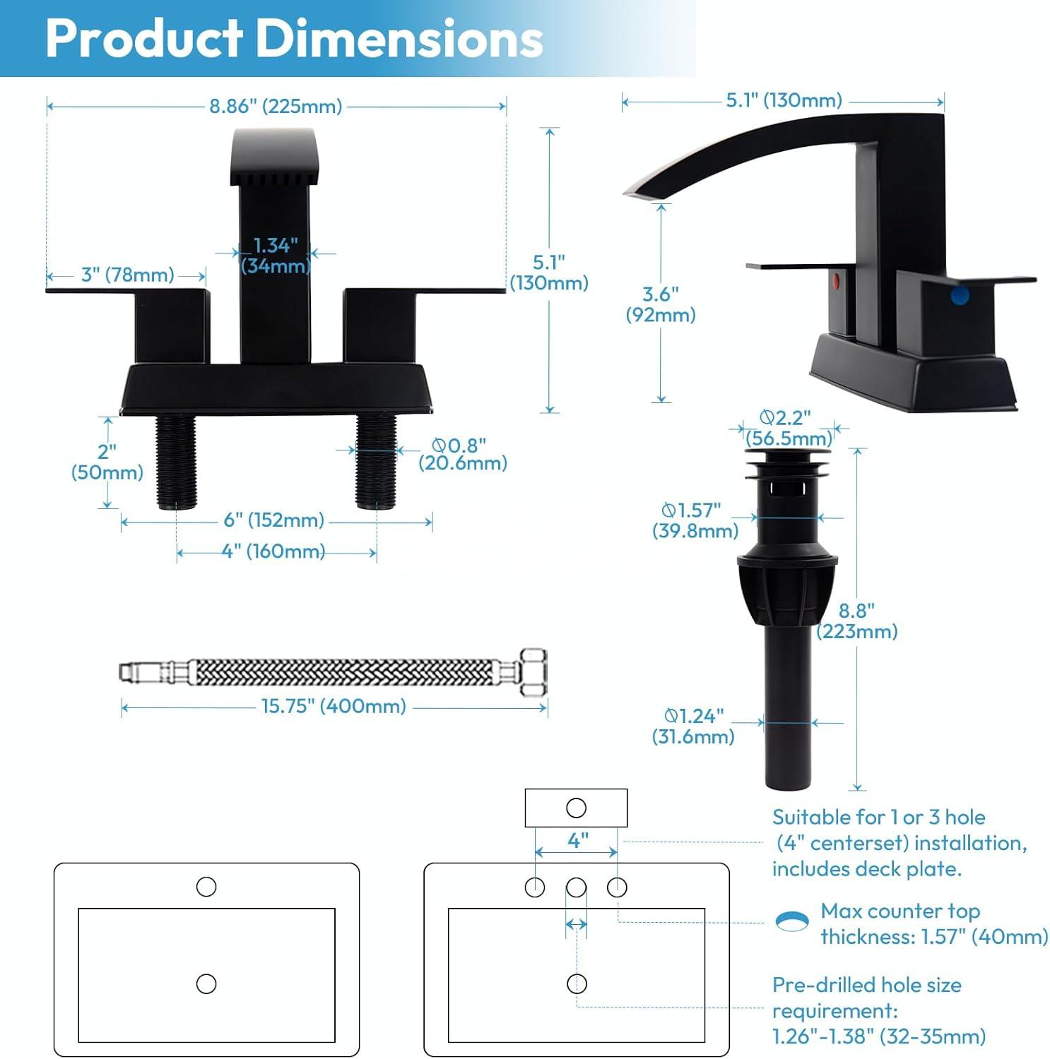 Matt Black Bathroom Sink Faucet 4 inch Bathroom Faucets for Sink 2-Handle Faucet with Pop-up Drain Vanity Faucet Modern