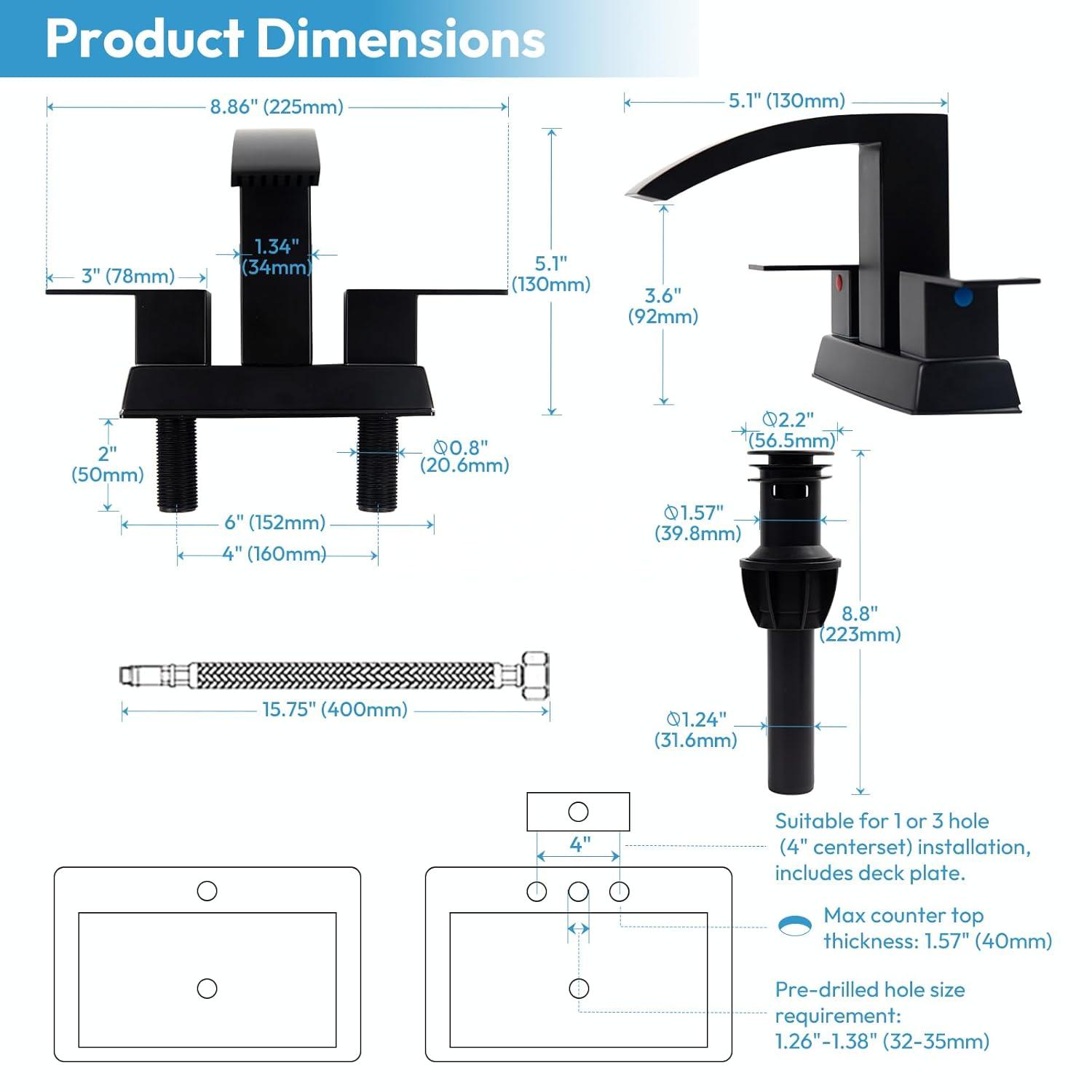 Matt Black Bathroom Sink Faucet 4 inch Bathroom Faucets for Sink 2-Handle Faucet with Pop-up Drain Vanity Faucet Modern
