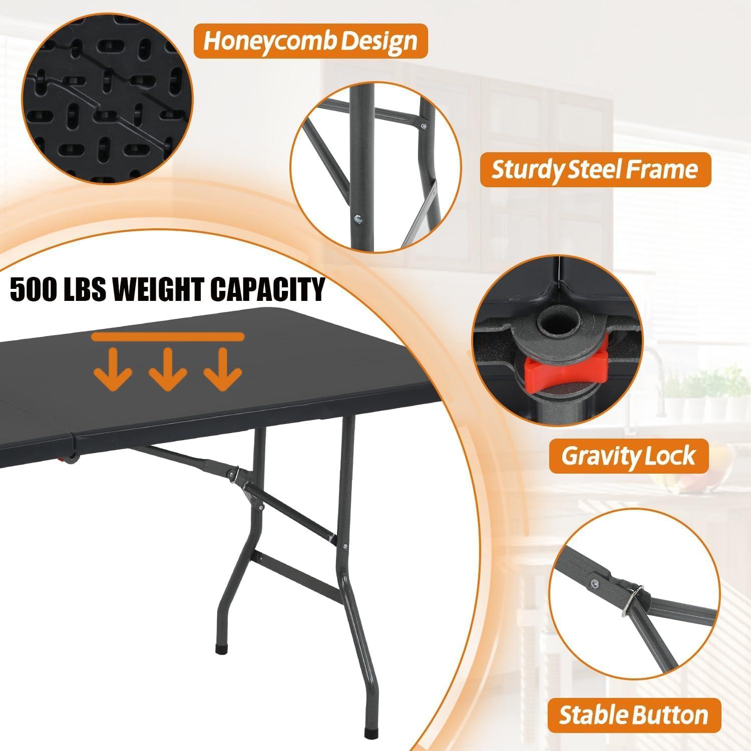 Folding Table 6 Foot,  Heavy-Duty, Portable Plastic Construction with Carrying Handle – Perfect for Picnics, Parties, and Office Indoor Outdoor Use, White