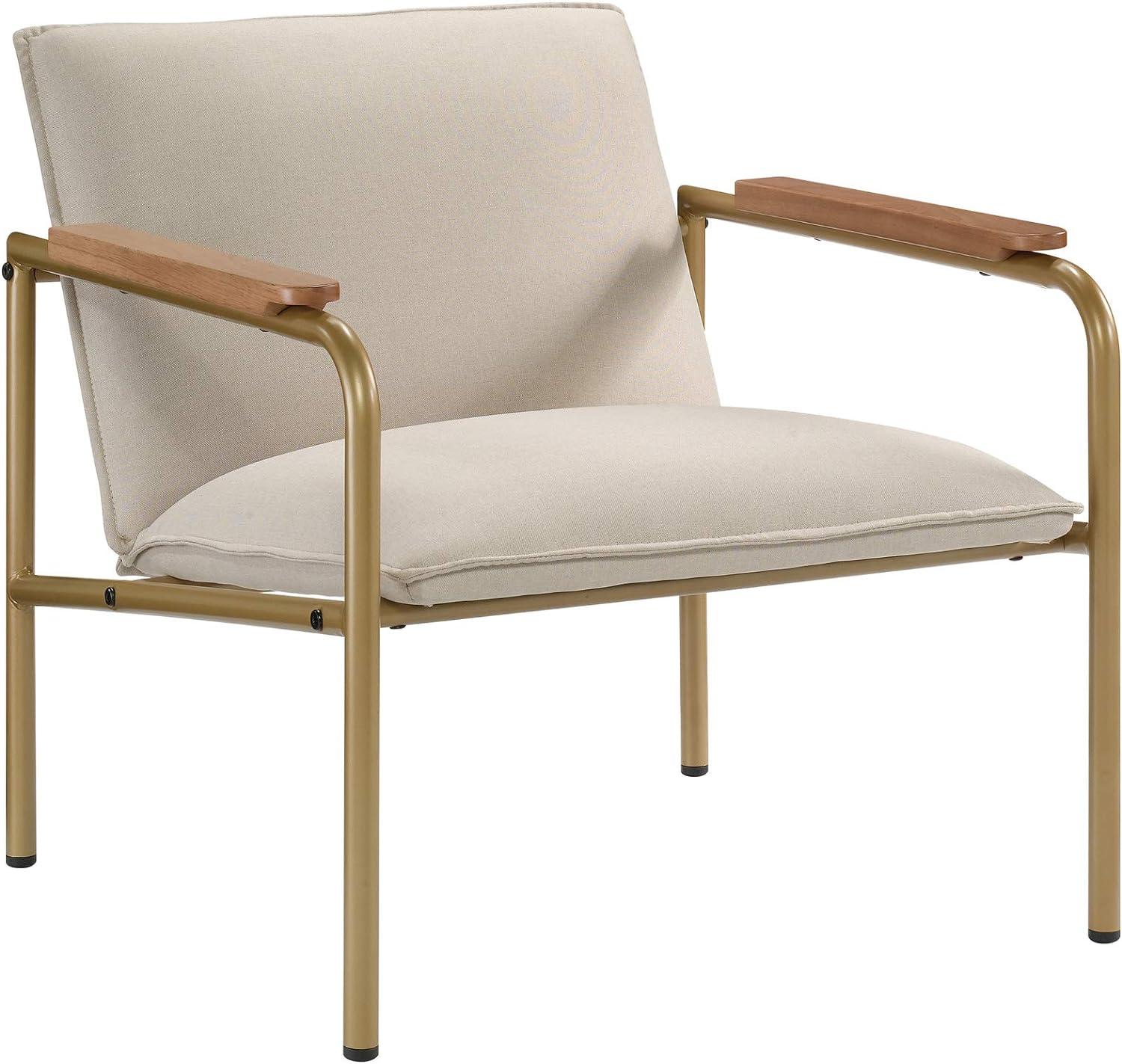 Ivory Satin Gold Metal Frame Lounge Chair with Wood Accents