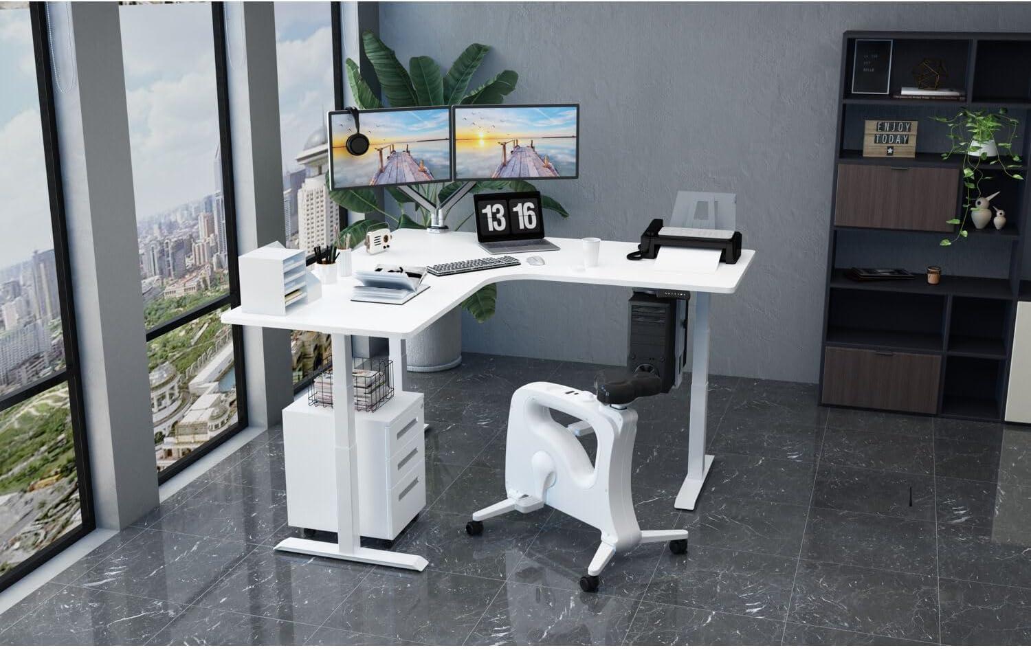 White L-Shaped Adjustable Height Standing Desk with USB Port