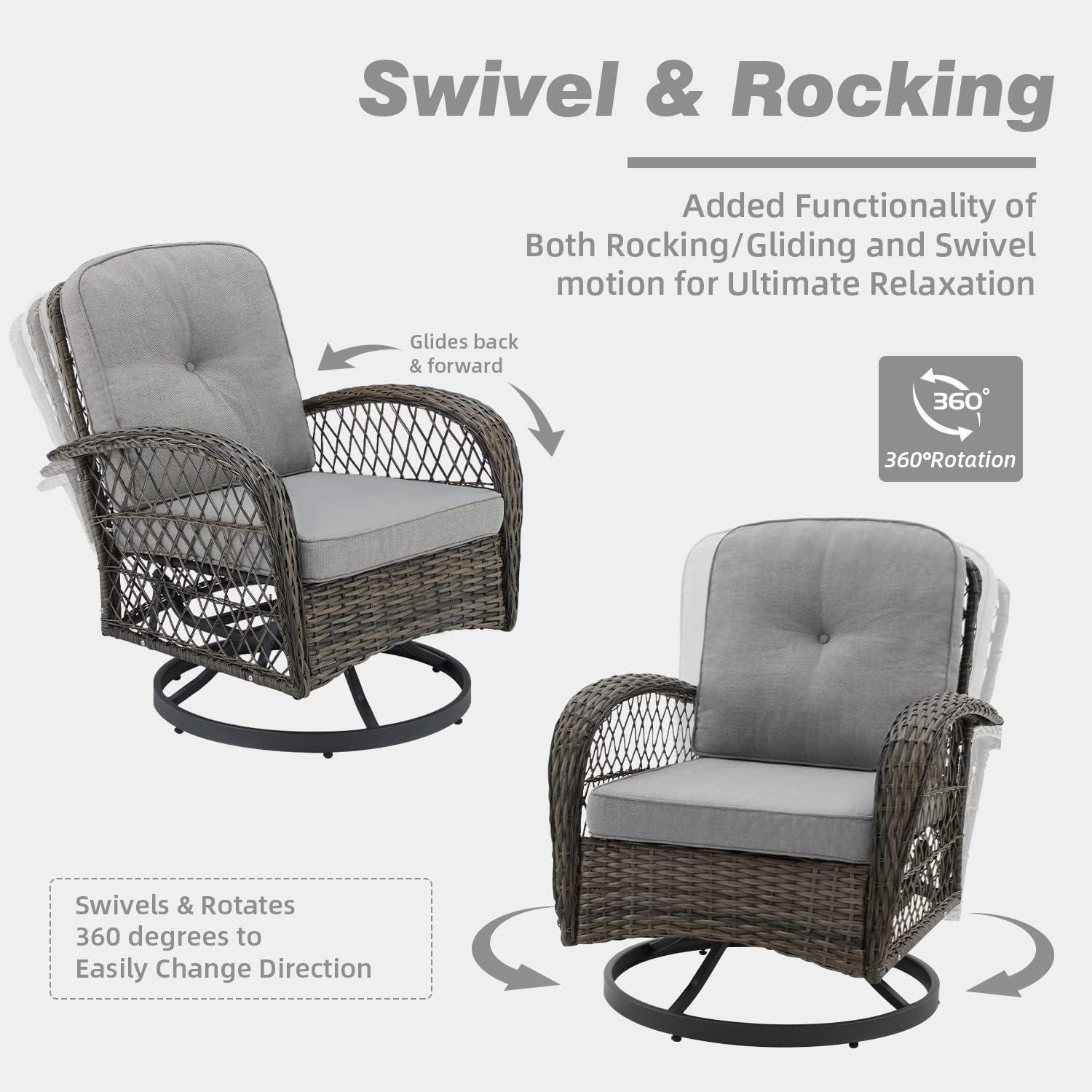 Gray Wicker Steel Frame Swivel Rocking Patio Set with Glass Table