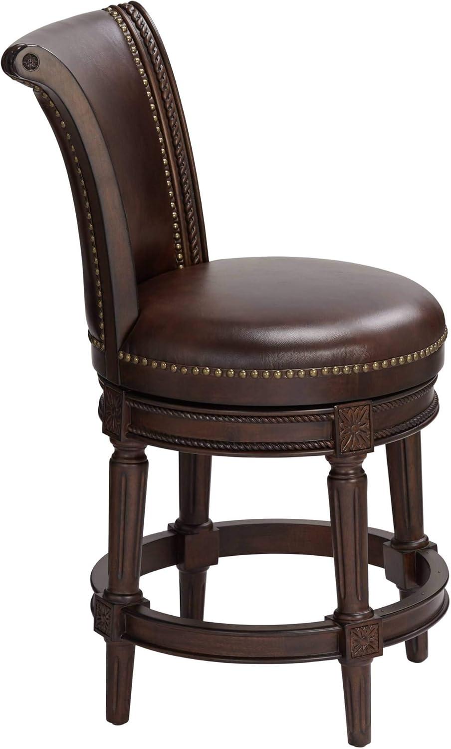 55 Downing Street Addison Walnut Swivel Bar Stool Brown 26" High Traditional Mocha Leather Cushion with Backrest Footrest for Kitchen Counter Height