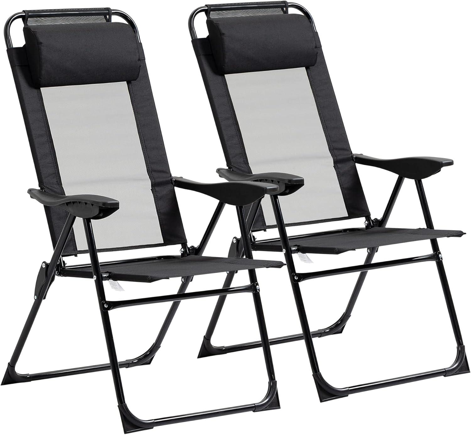 Black and Gray Foldable Outdoor Camping Chairs with Adjustable Backrest, Set of 2