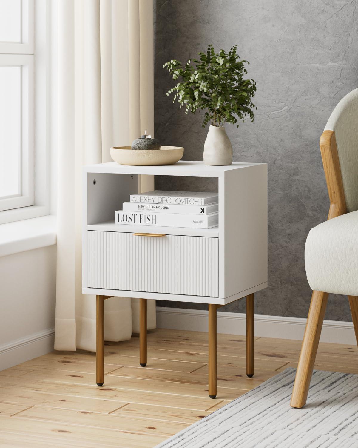 White and Gold Modern Nightstand with Drawer and Shelf