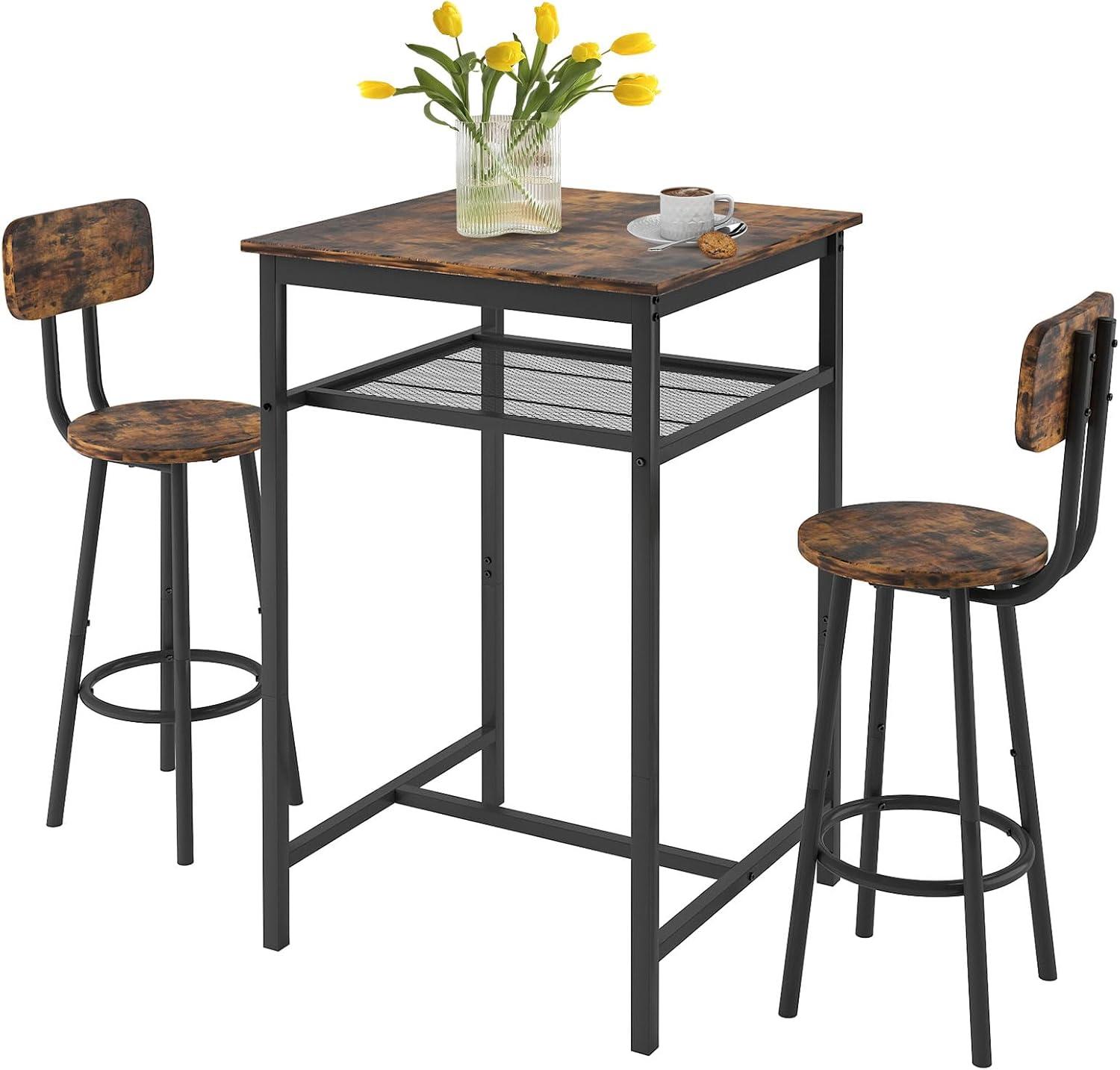 Rustic Brown Square Pub Table Set with 2 Stools