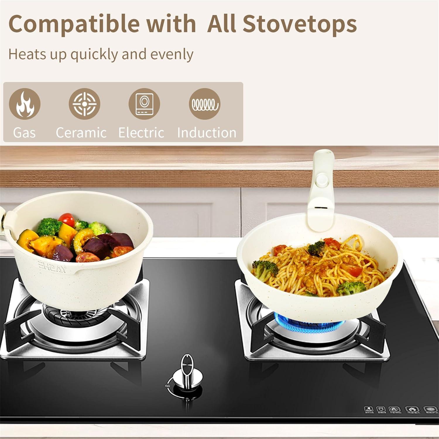 YASHE 13-Pieces Pots and Pans Set Non Stick, Ceramic Kitchen Cookware Set, Detachable Dandle Pots and Pans with Pan Protectors