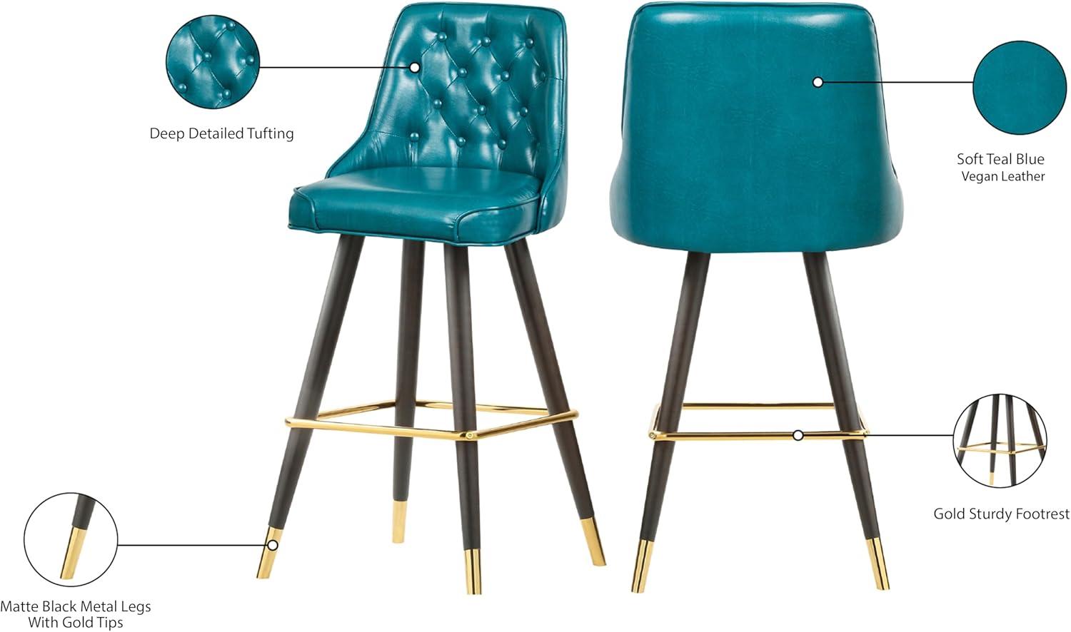 Meridian Furniture 908Blue-C Portnoy Collection Modern | Contemporary Vegan Leather Counter Height Stool with Button Tufting and Custom Matte Black Metal Legs, Teal, 20.5" W x 22.5" D x 40" H