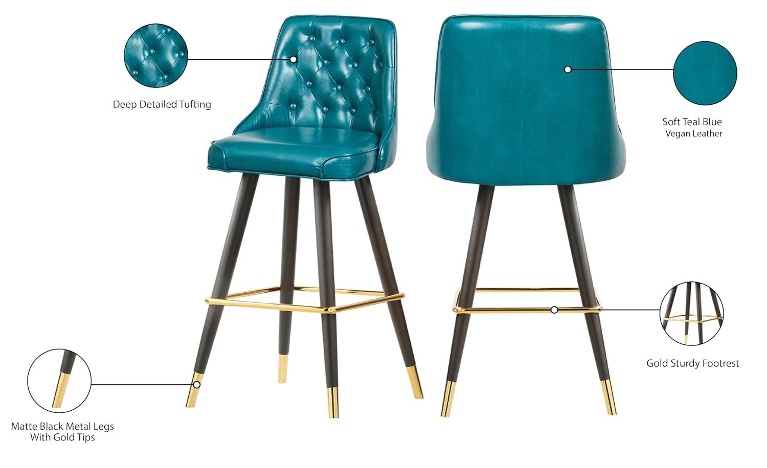 Meridian Furniture 908Blue-C Portnoy Collection Modern | Contemporary Vegan Leather Counter Height Stool with Button Tufting and Custom Matte Black Metal Legs, Teal, 20.5" W x 22.5" D x 40" H