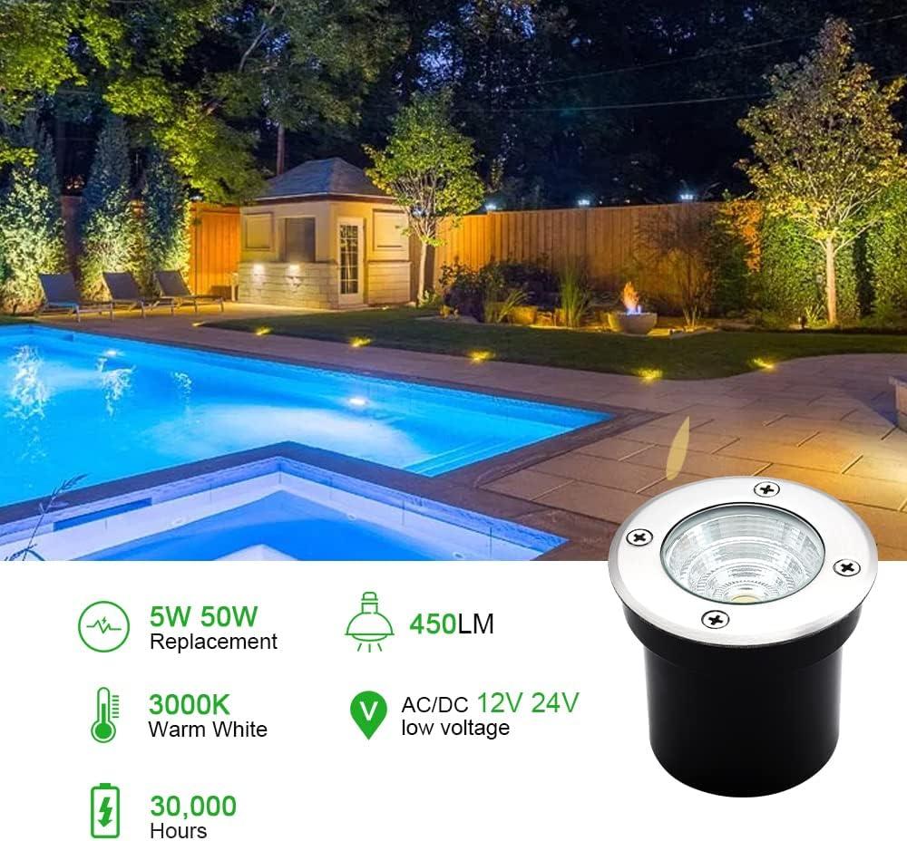 Well Lights Landscape Lighting, Low Voltage Outdoor In Ground Landscape Lights, 5W 12V-24V Waterproof Warm White 3000K Deck Light for Garden, Pathway, Driveway, 8-Pack(Wire Connectors Included)