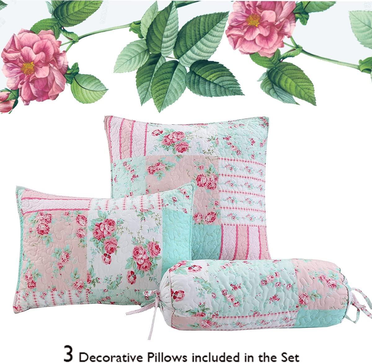 Floral Pink and Blue Polyester 3-Piece Throw Pillow Set