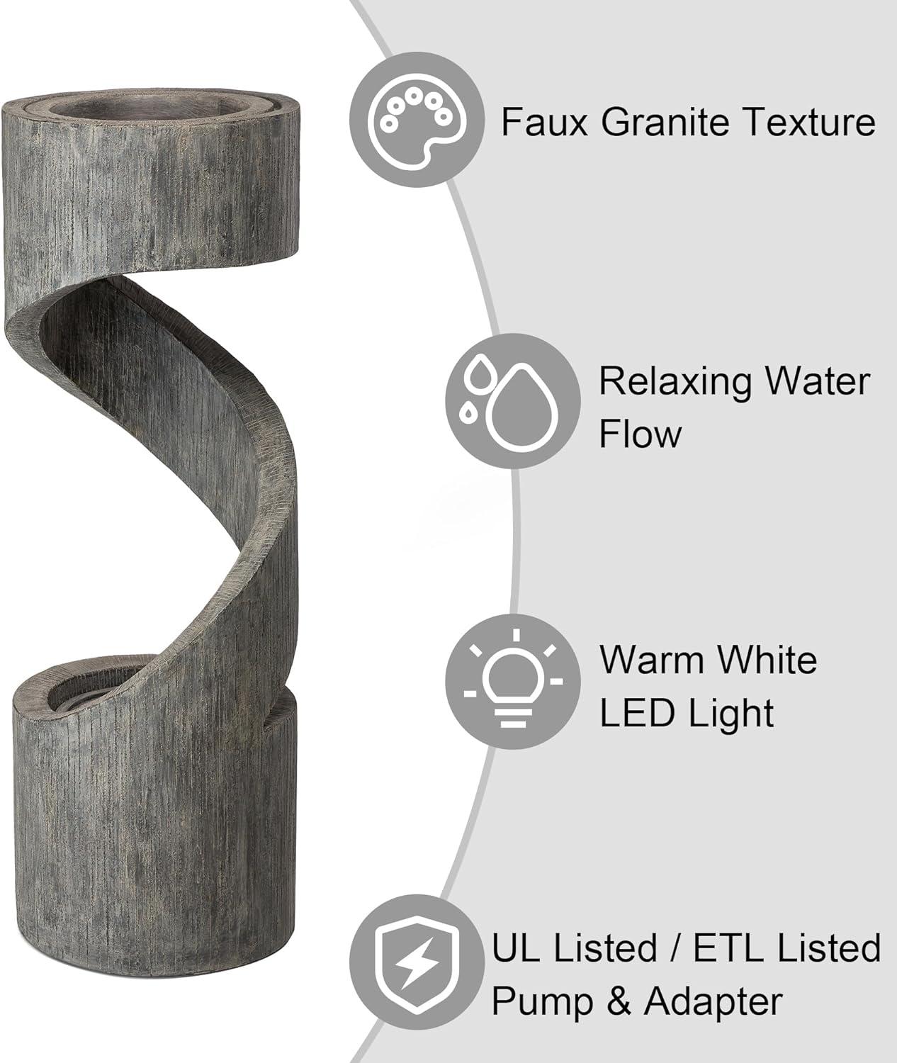 Rustic Curved 40" Outdoor Fountain with LED Light in Stone