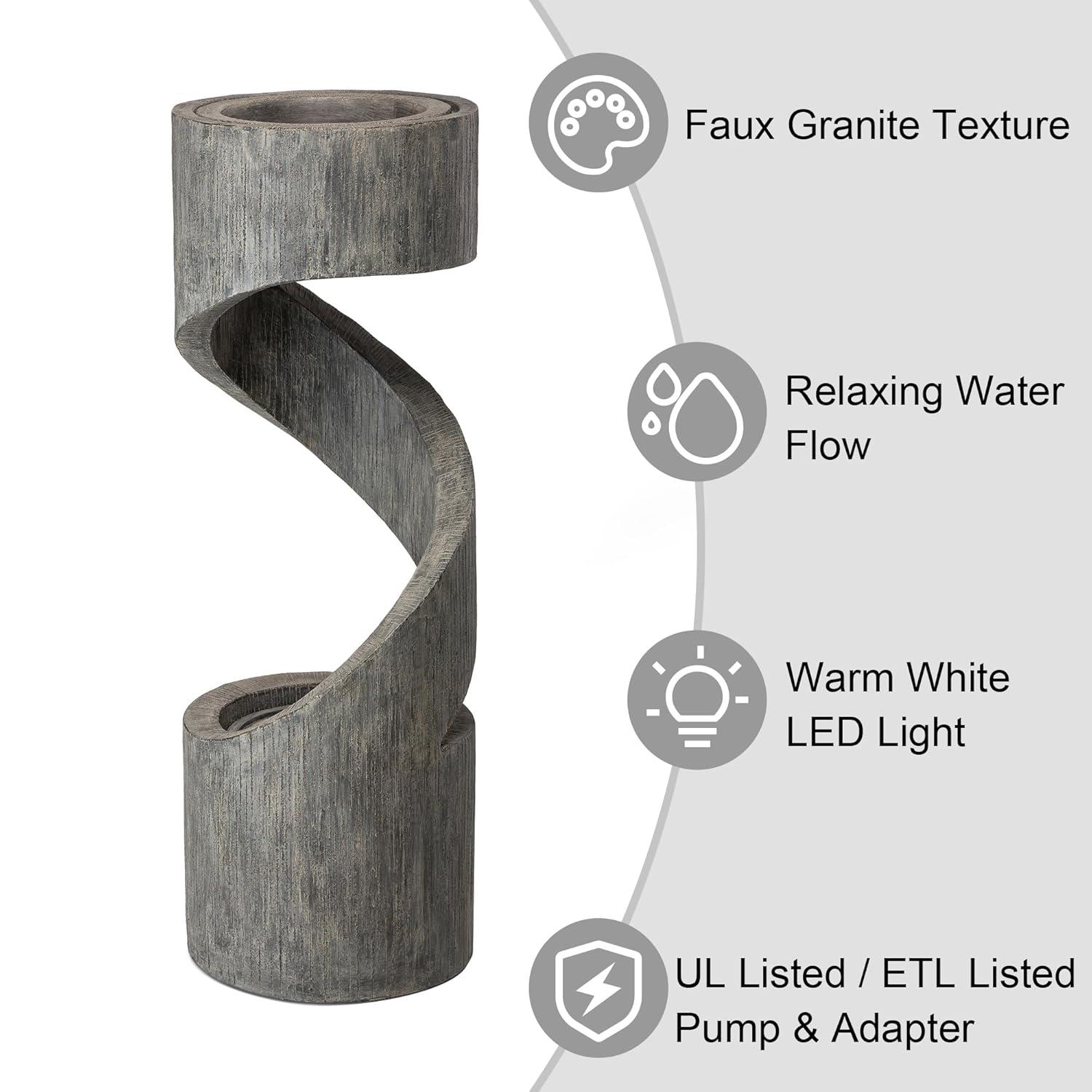 Rustic Curved 40" Outdoor Fountain with LED Light in Stone
