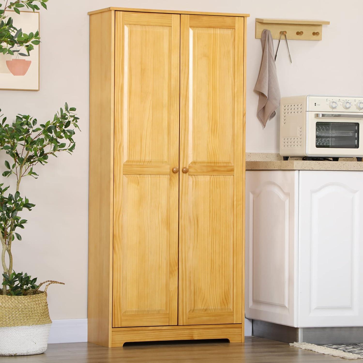 67" Pinewood Kitchen Pantry Storage Cabinet, Freestanding Cabinets With Doors And Shelf Adjustability