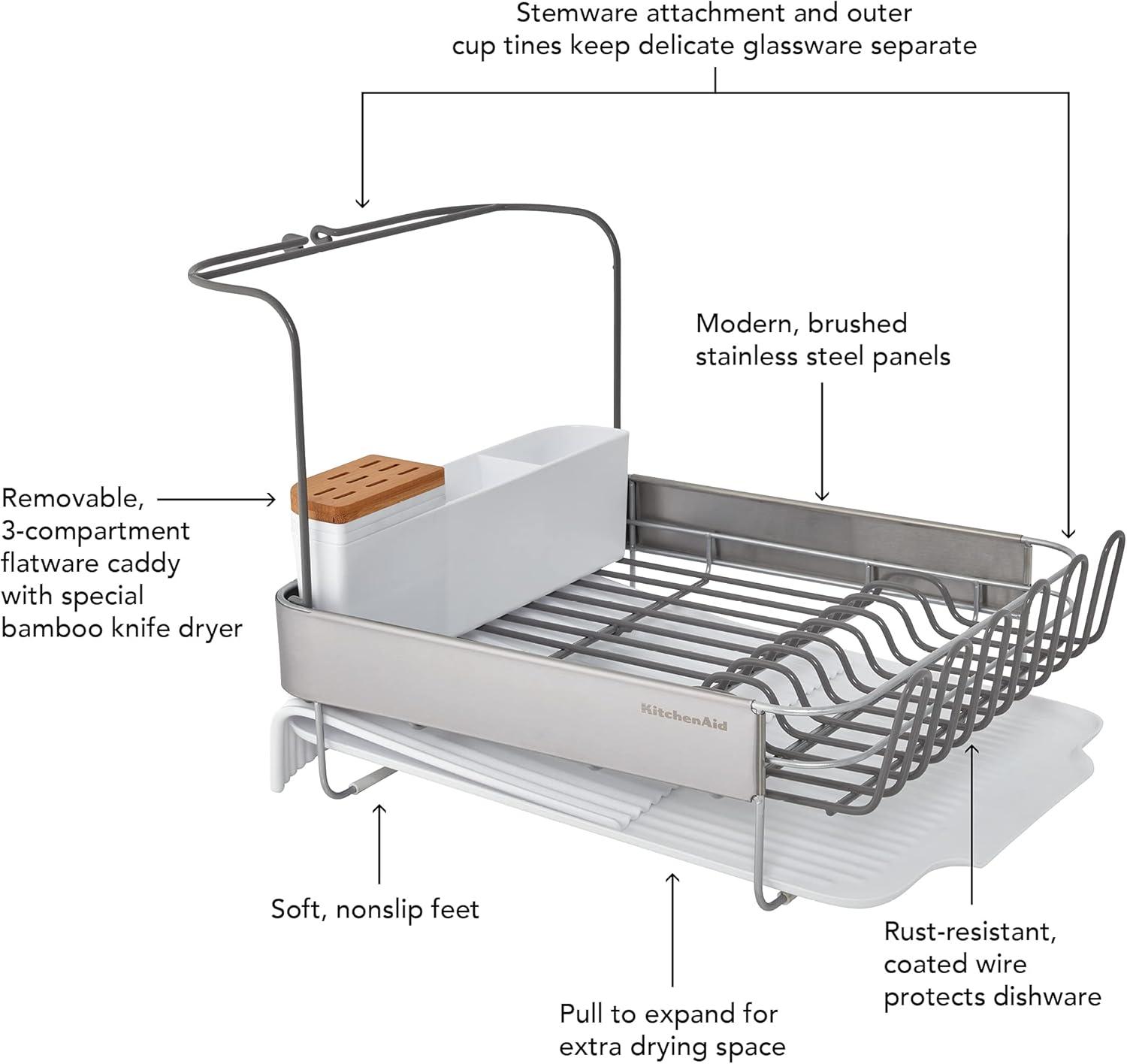 KitchenAid Full Expandable Dishrack: Freestanding Drying Rack with Tray, Polypropylene & Metal, White, 4-Piece Set