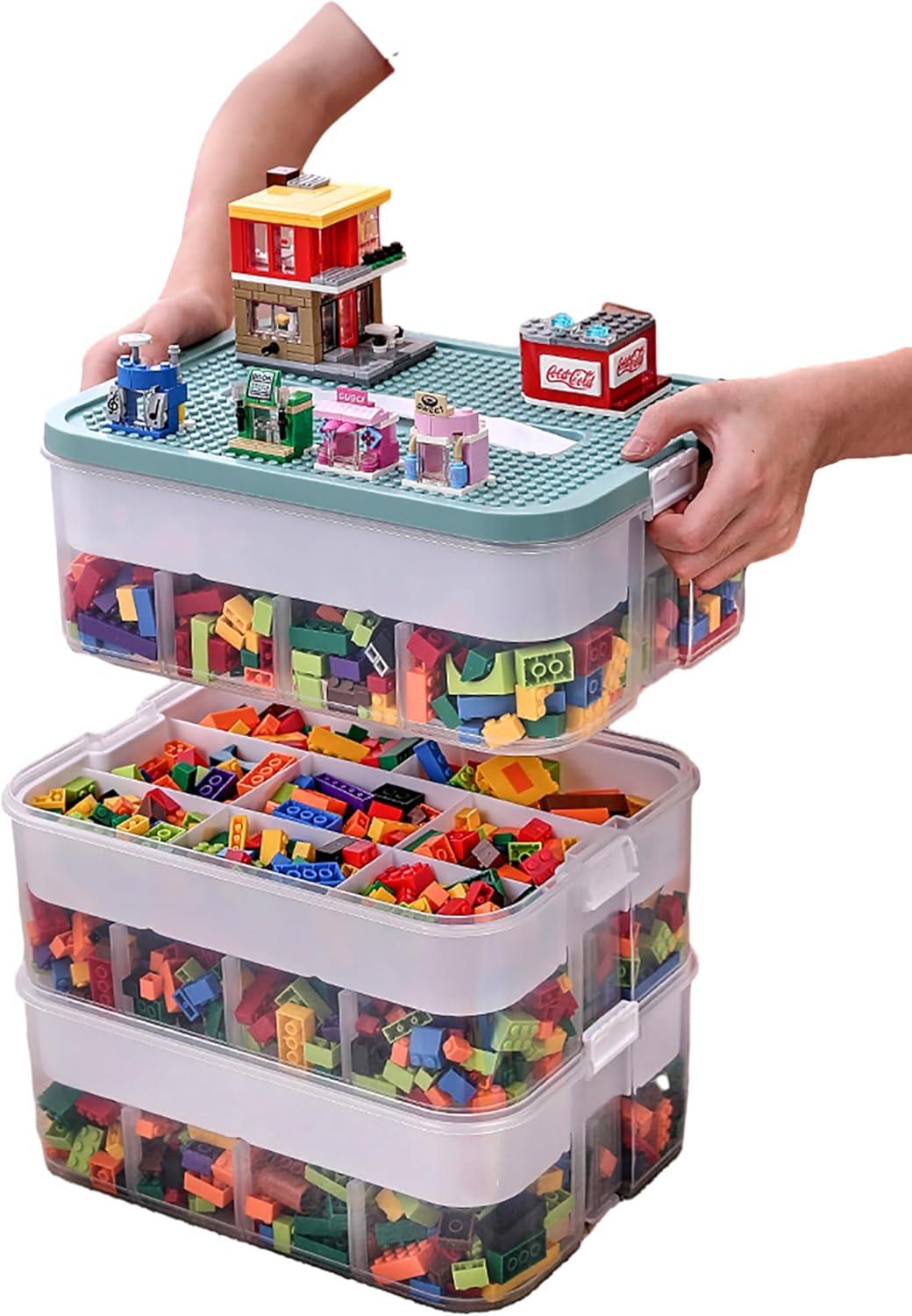 Blue Stackable Plastic Toy Storage Organizer with Adjustable Compartments