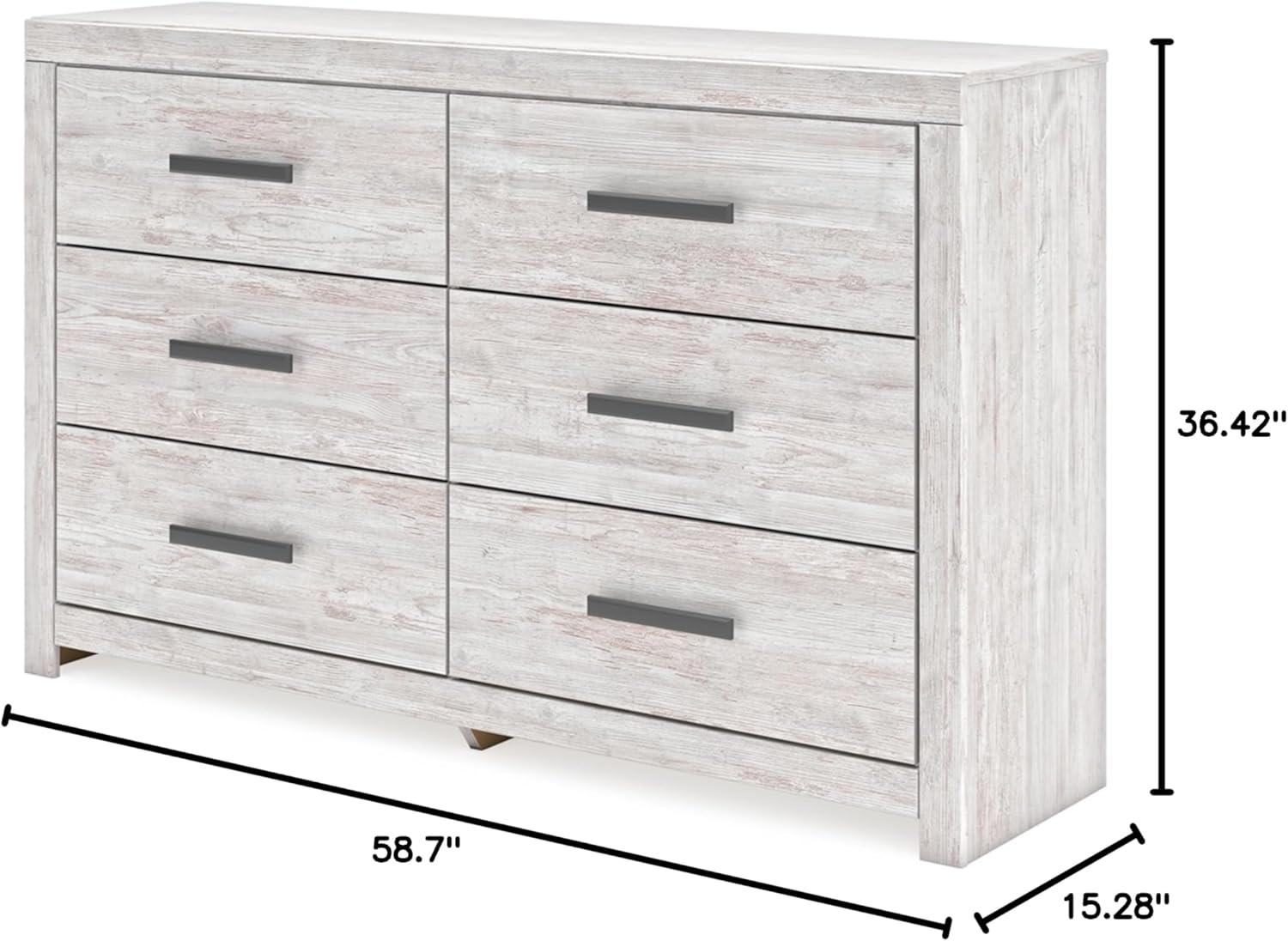 Whitewash Transitional 6-Drawer Dresser with Black Handles