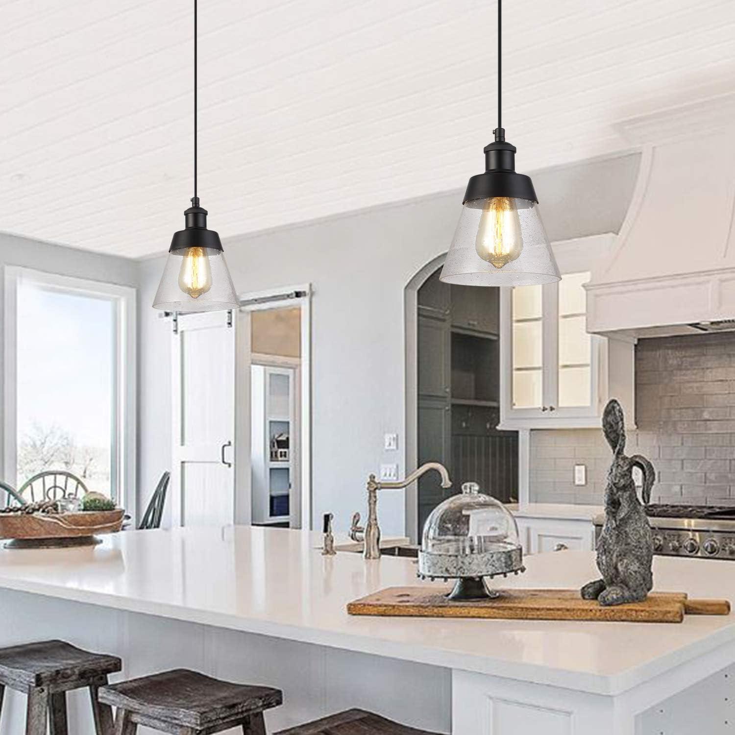 Matte Black Mini Pendant Light with Clear Seeded Glass Shade