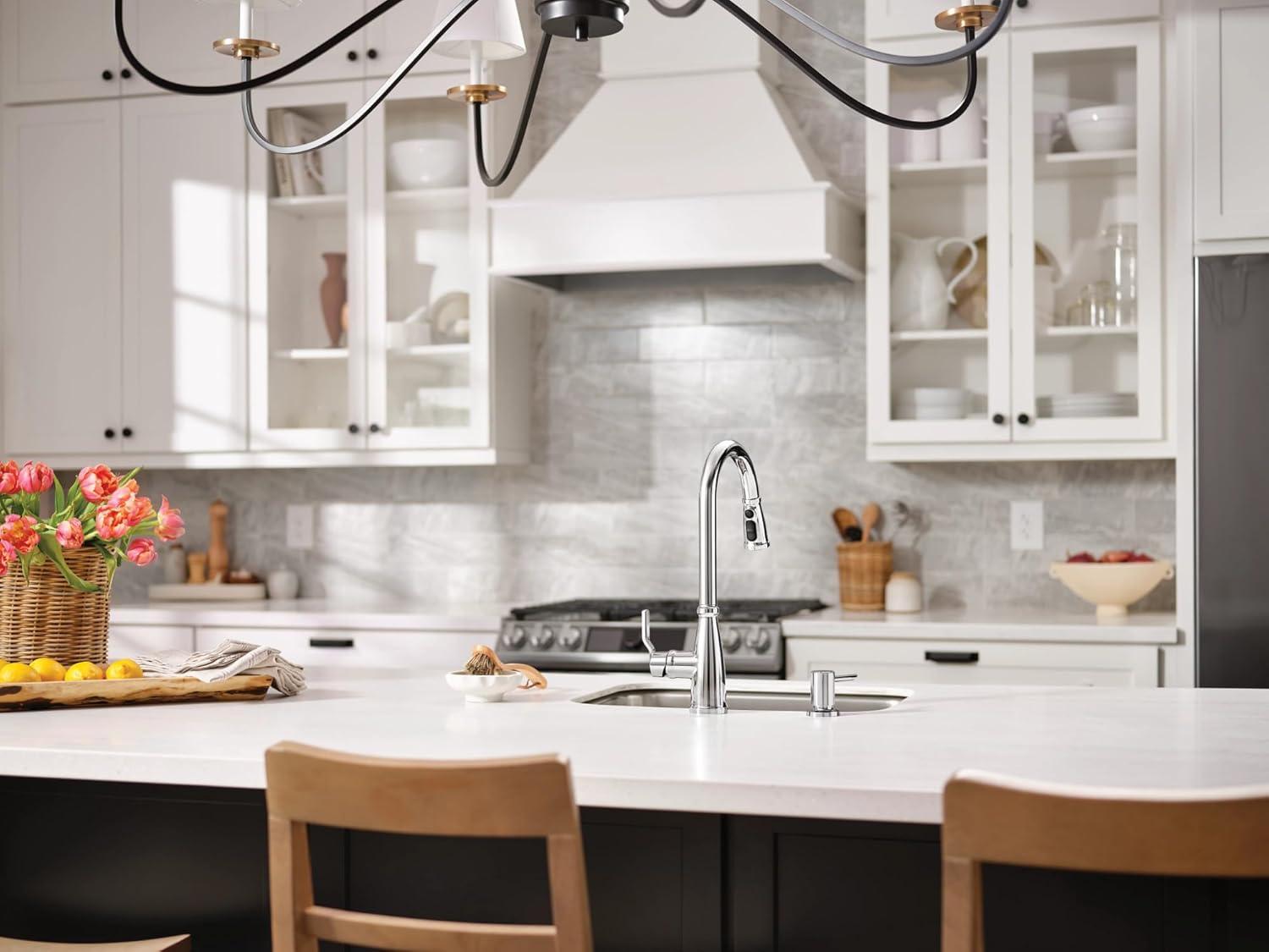 Moen Nolia Chrome One-Handle High Arc Kitchen Faucet with Pull Down Sprayer and Soap Dispenser, Kitchen Sink Faucet Featuring Power Boost Technology, 87071