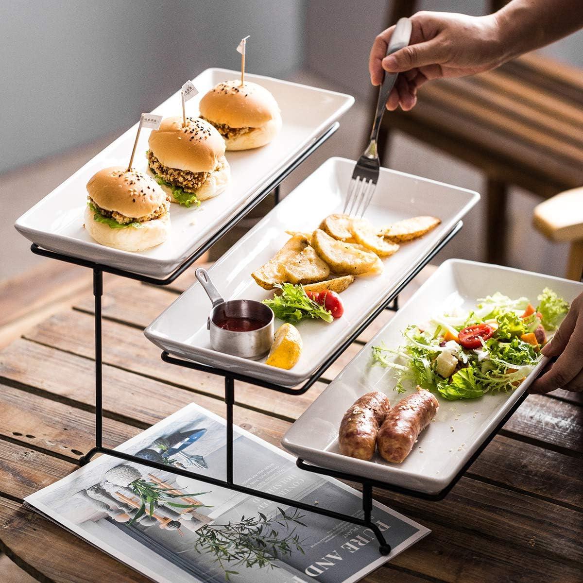 3 Tier Serving Stand Tiered Serving Stand with 3 Porcelain Serving Platters Trays for Dessert Server Display Collapsible Sturdier Metal Rack Large Size 14 inch Black