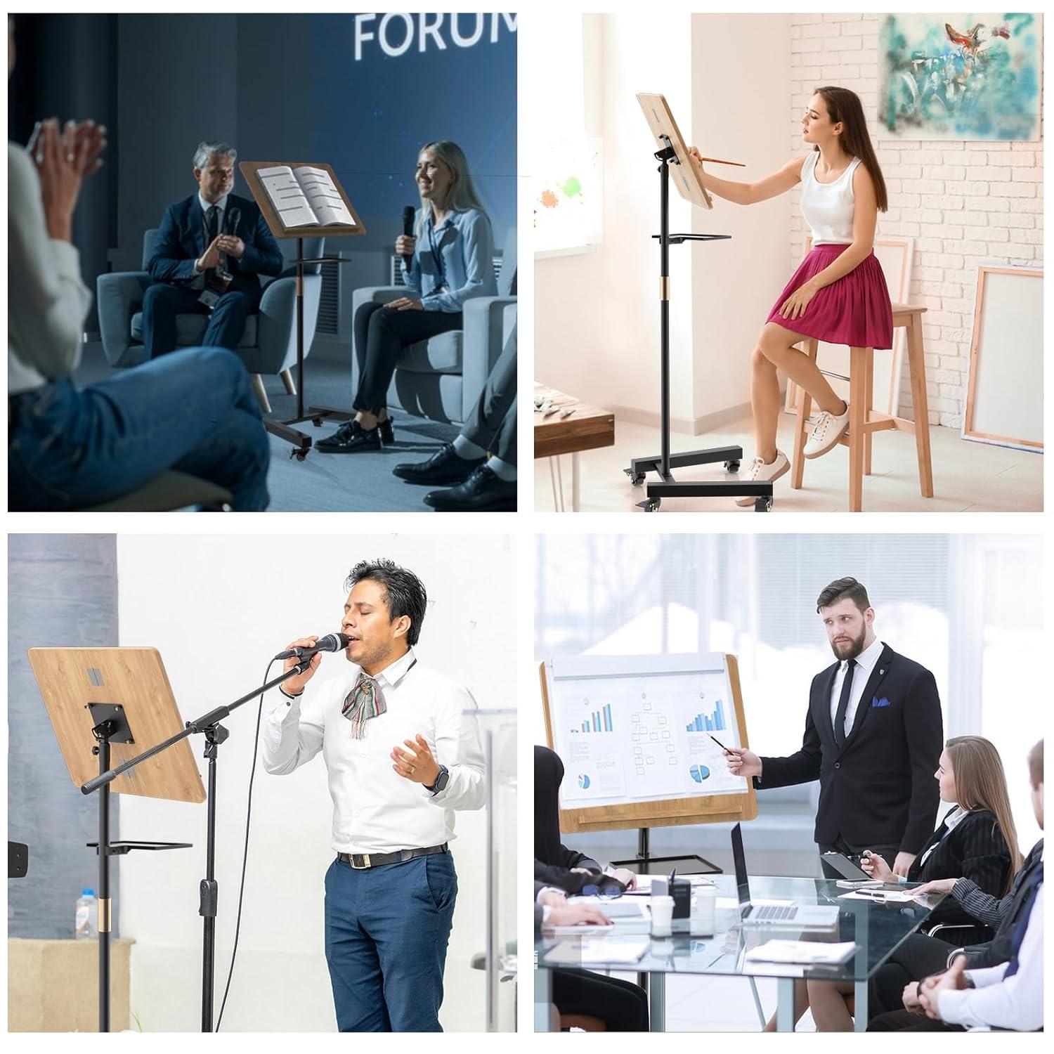 Lectern Podium Stand with Storage Platform, Height Adjustable Steady Standing Design Teacher Speaker Lecture Classroom Presentation Stand, Multi-Function Reading or Laptop Desk with Edge Stopper