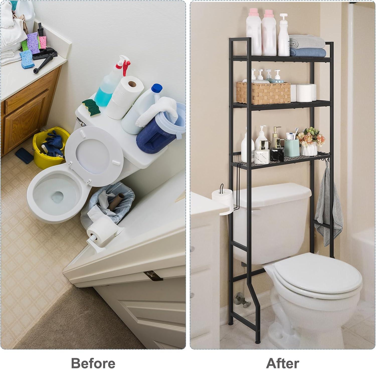 Over The Toilet Storage Over Toilet Rack Bathroom Organizer 3 Tier Toilet Shelf with 4 Hooks and Toilet Paper Holder Freestanding Bathroom Stand Over Toilet Save Space, Black