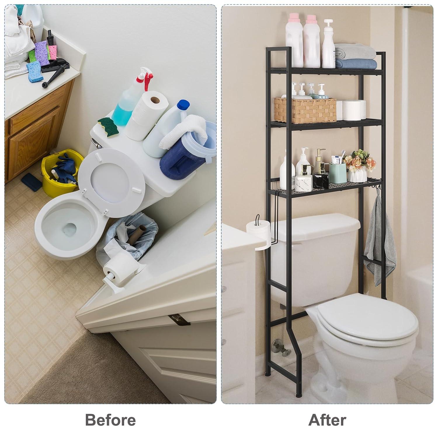 Over The Toilet Storage Over Toilet Rack Bathroom Organizer 3 Tier Toilet Shelf with 4 Hooks and Toilet Paper Holder Freestanding Bathroom Stand Over Toilet Save Space, Black