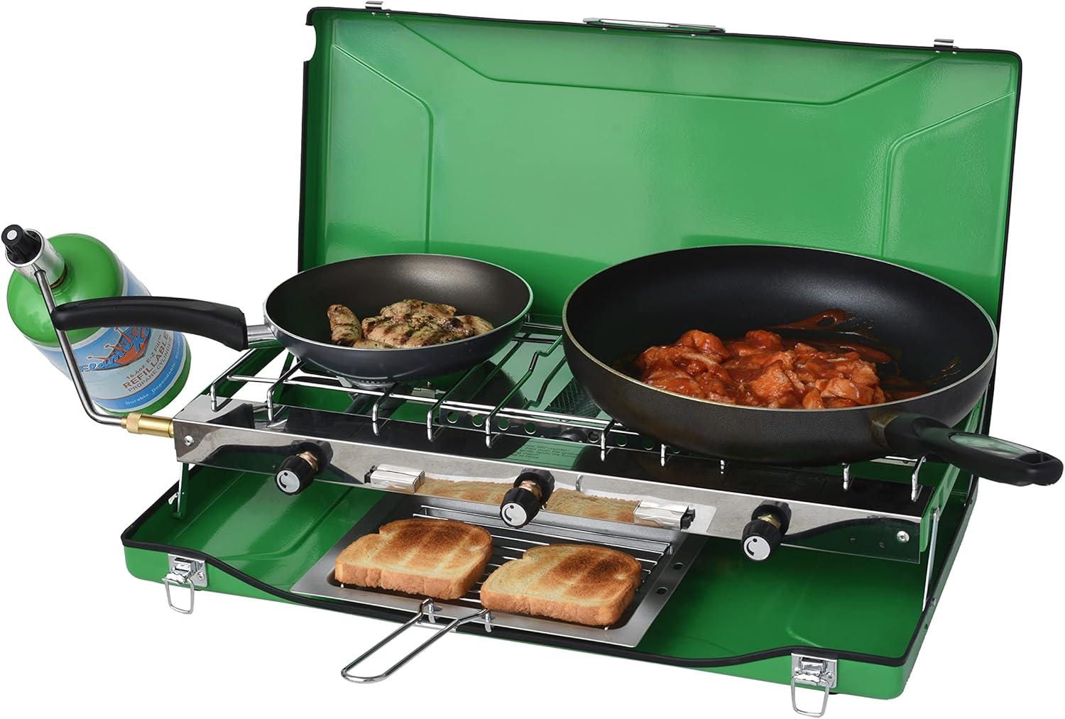 Flame King 3-Burner Portable Camping Stove Grill w/ Toast Tray, Compatible with 1LB Propane Tanks