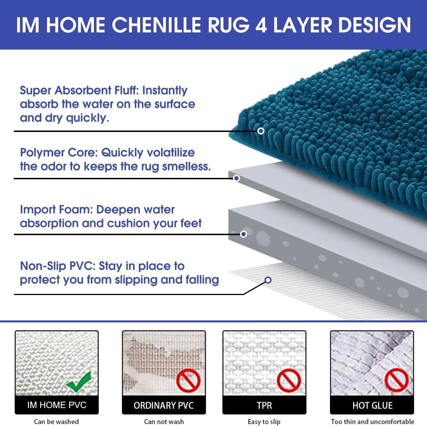 ACCUMTEK Striped Atlantic Blue Bathroom Rug Set 3 Pieces Ultra Soft, Non Slip Chenille Toilet Mat, Absorbent Plush Shaggy Bath Mats for Bathroom, Bedroom, Kitchen