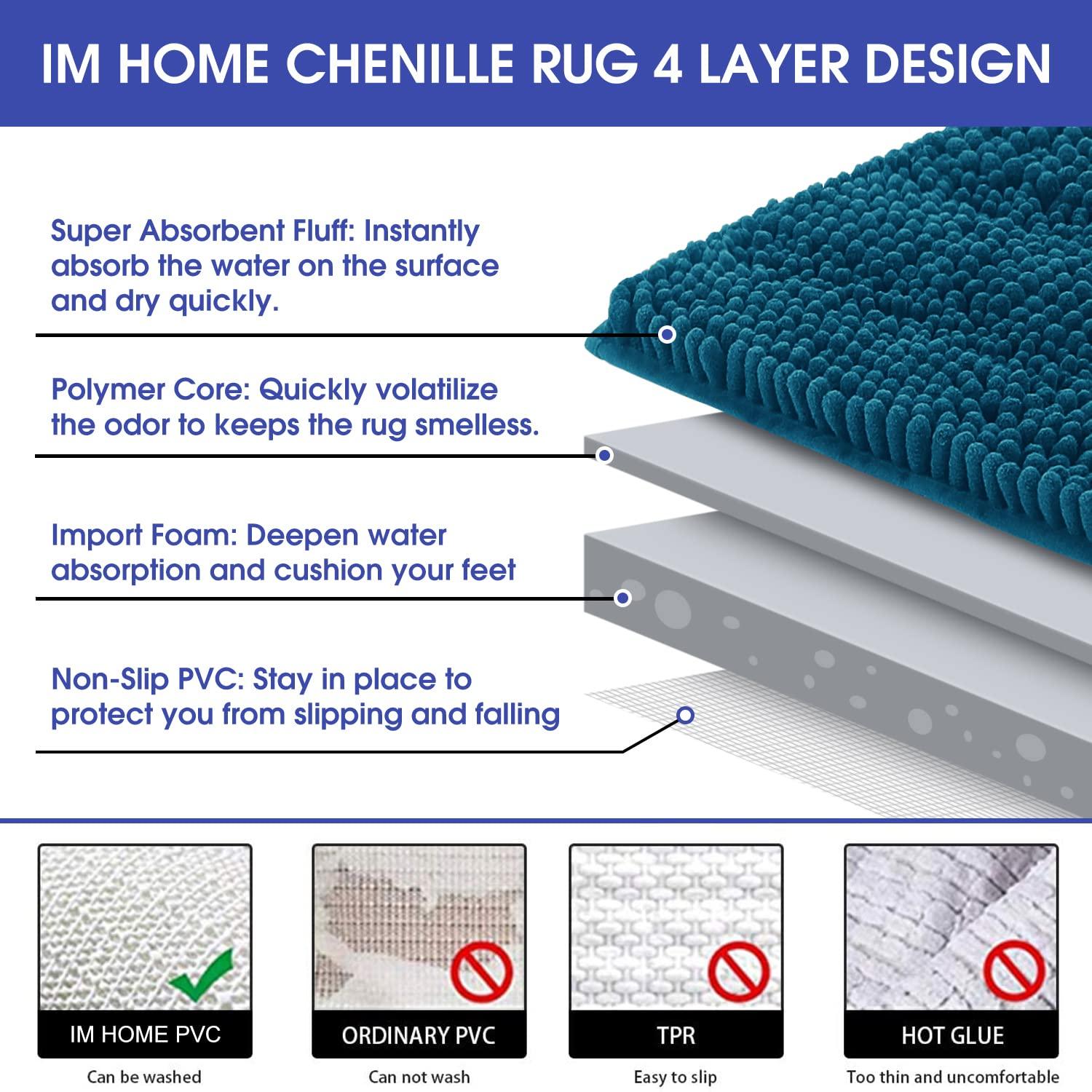 ACCUMTEK Striped Atlantic Blue Bathroom Rug Set 3 Pieces Ultra Soft, Non Slip Chenille Toilet Mat, Absorbent Plush Shaggy Bath Mats for Bathroom, Bedroom, Kitchen