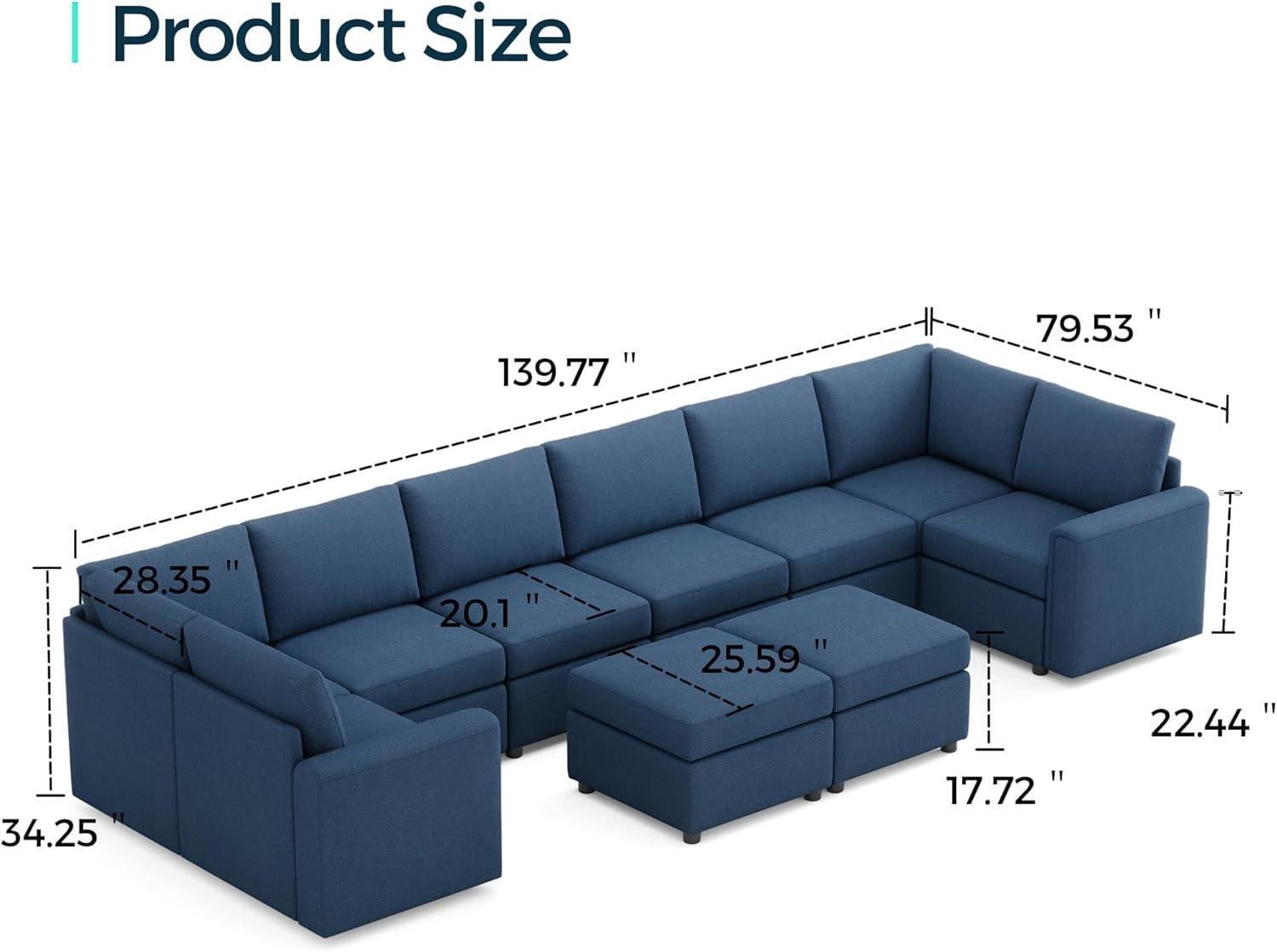 Linsy Home Oversized Modular Couch, Sectional Sofa with Storage Ottomans, Couch with Reversible Chaises, Blue