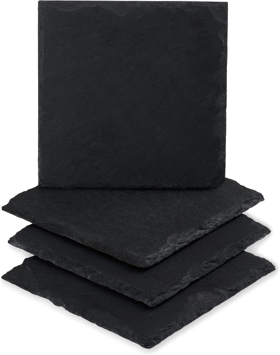 Twine Square Slate Coasters, Modern Square Coasters, Slate with Velvet Backing, Protect Tables and Surfaces, Black, Set of 4