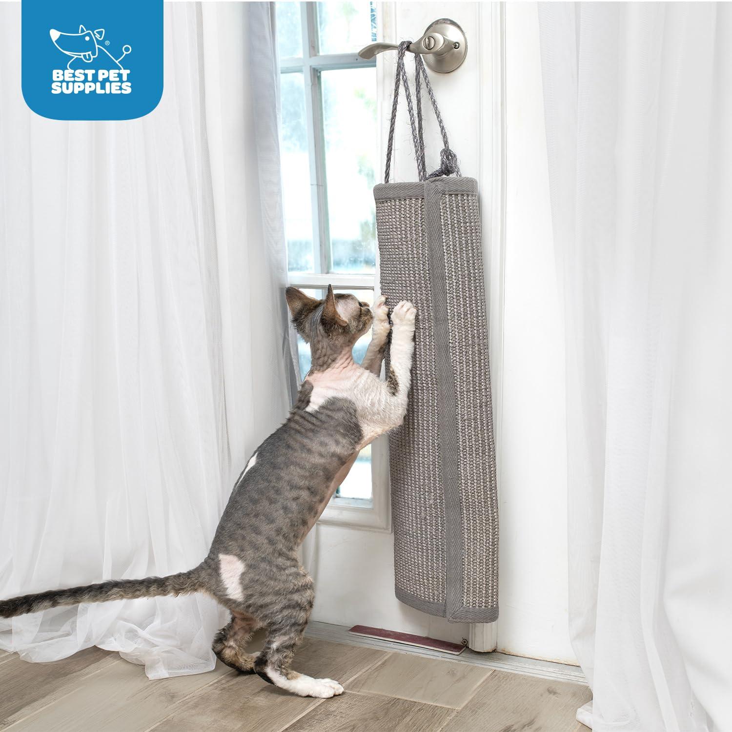 Best Pet Supplies Cat Scratchers for Indoor Cats - Interactive Hanging Log & Mat, Supports Natural Behaviors, Heavy Duty, Gray