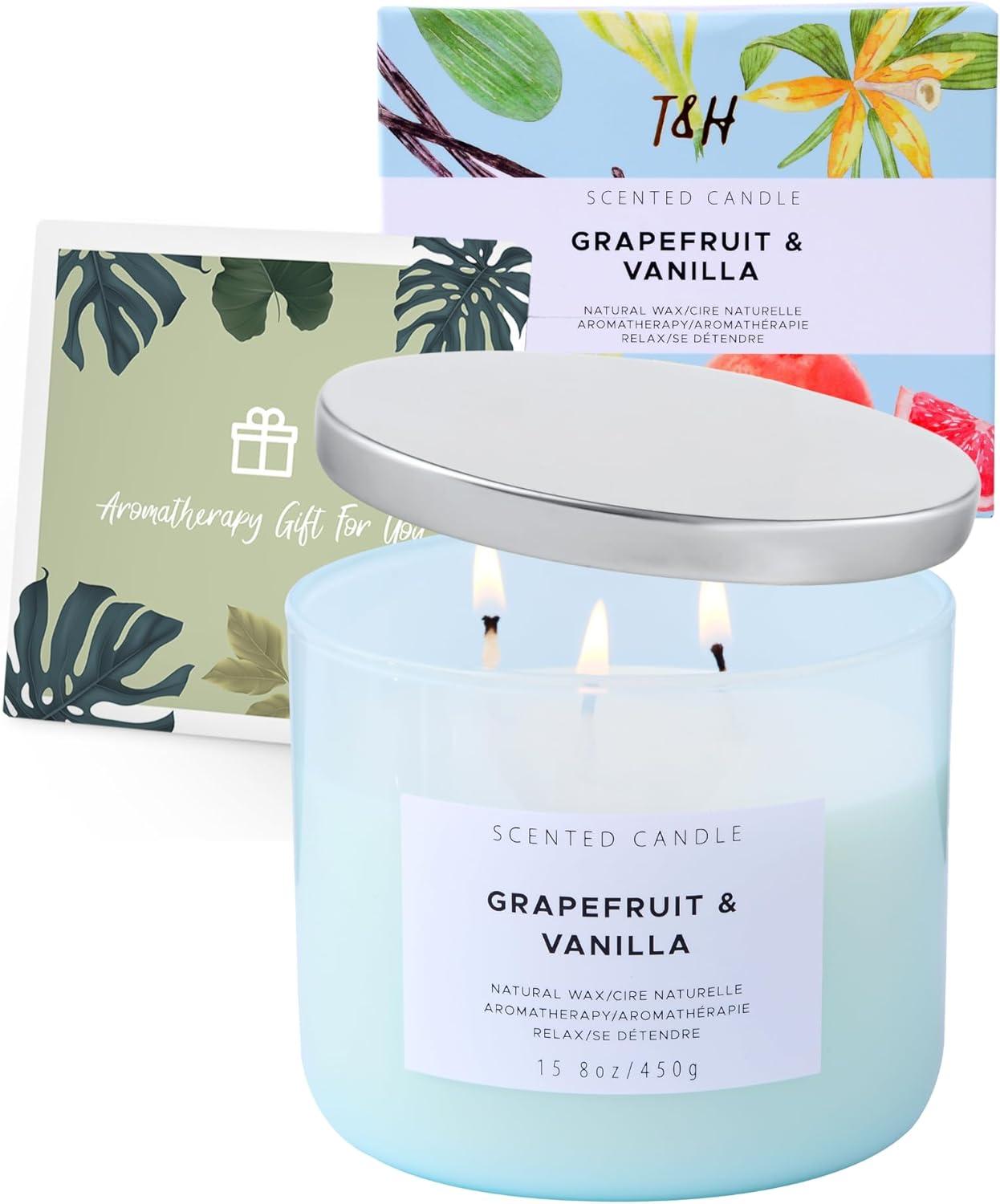 Grapefruit Vanilla Aromatherapy Candle 3 Wick Large Soy Scented Candles for Men and Women 15.8 Oz