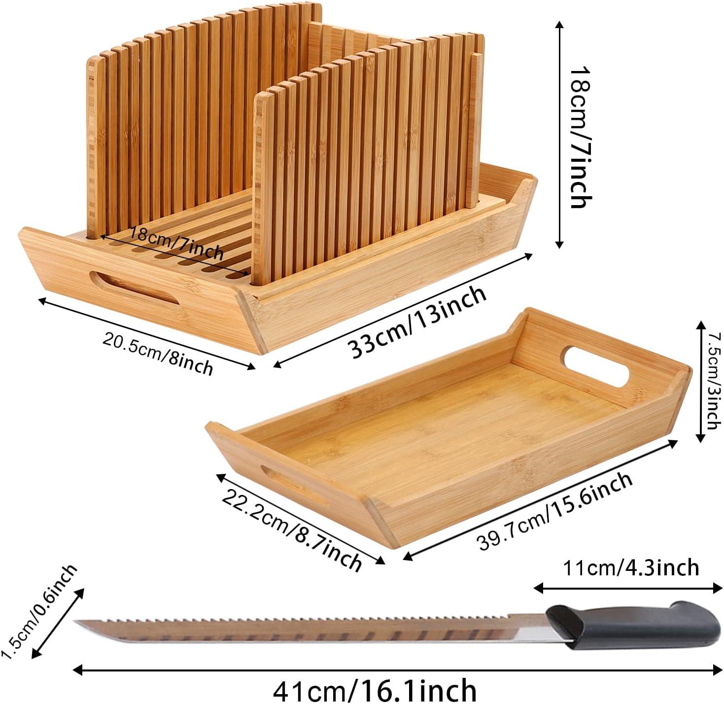 Premium Bamboo Bread Slicer for Homemade Bread, Crumb Catcher, Foldable and Compact Loaf Cutter 3 Size Slicing Guide