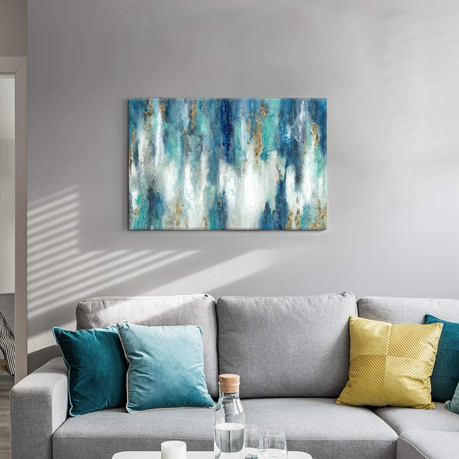 Blue And Gold Wall Decor Set Teal Abstract Painting Canvas Wall Art Decor Colorful Oil Painting Artwork Picture For Bedroom Living Room Bathroom Decorations Aesthetic(12'''' x 16'''' x 1 Panel)