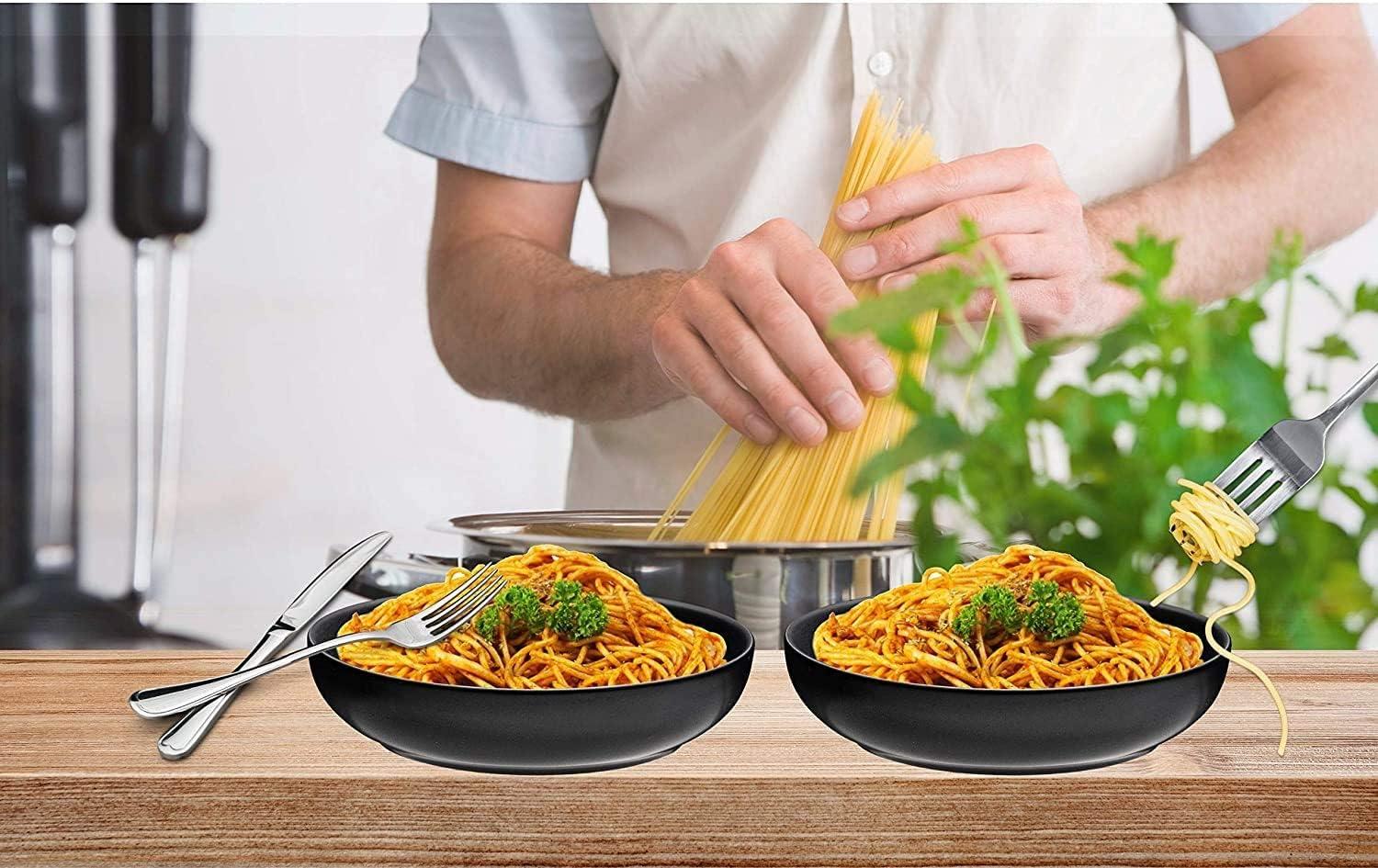 Bruntmor Matte Black Bowls Set Of 6 - 24 Oz Ceramic Serving Plates & Porcelain Skillet